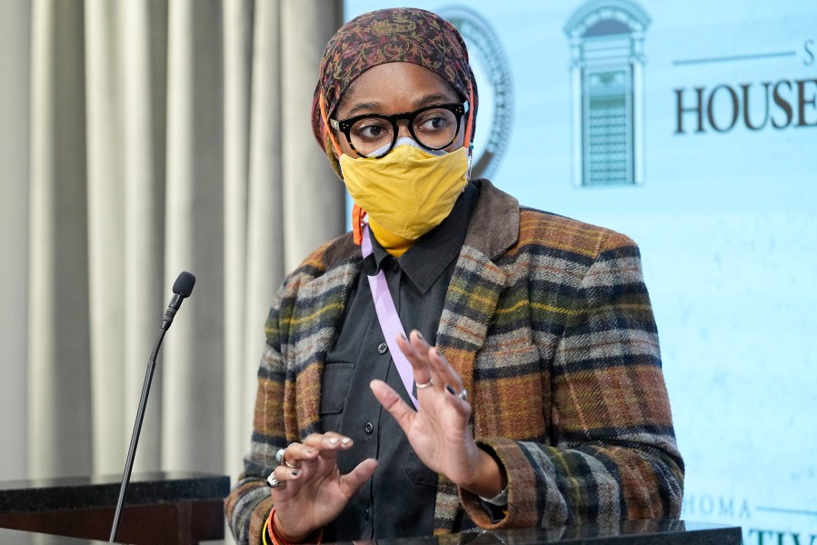 FILE - Oklahoma state Rep. Mauree Turner speaks during a news conference, Dec. 5, 2022, in Oklahoma City. In Oklahoma, Turner, the state's only nonbinary legislator was removed from House committees after a transgender protester sought refuge in their office. In an increasingly polarized political atmosphere, experts say these kinds of harsh punishments for minority party members standing up for principles they believe in will likely become more common, especially when acts of civil disobedience clash with the rigid policies and procedures of legislative decorum. (AP Photo/Sue Ogrocki, File)