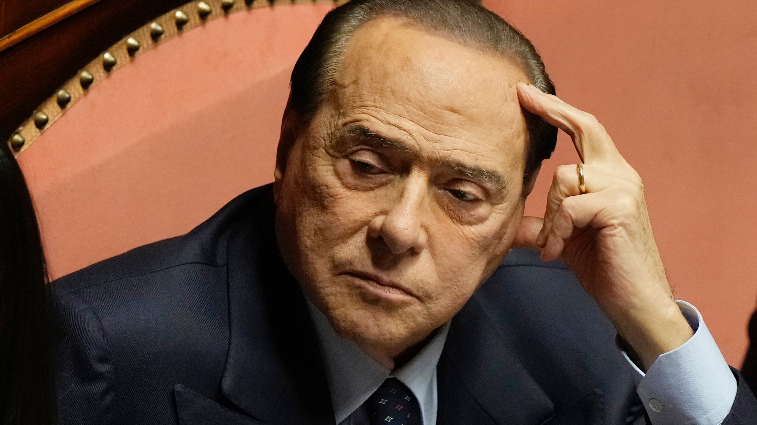 FILE - Forza Italia party leader Silvio Berlusconi at he Senate, in Rome, on Oct. 26, 2022. Former Italian Premier Silvio Berlusconi was hospitalized Wednesday, April 5, 2023, with apparent respiratory problems, Italian media reported. The 86-year-old three-time premier was in intensive care at Milan’s San Raffaele hospital, the clinic where he routinely receives care, LaPresse news agency, Sky TG24 and Corriere della Sera reported, without citing sources. (AP Photo/Andrew Medichini)