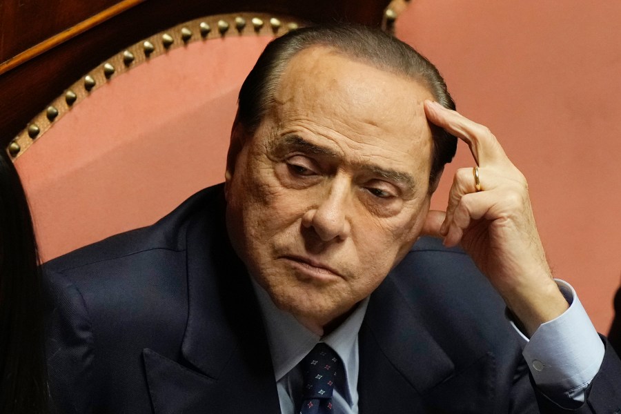 FILE - Forza Italia party leader Silvio Berlusconi at he Senate, in Rome, on Oct. 26, 2022. Former Italian Premier Silvio Berlusconi was hospitalized Wednesday, April 5, 2023, with apparent respiratory problems, Italian media reported. The 86-year-old three-time premier was in intensive care at Milan’s San Raffaele hospital, the clinic where he routinely receives care, LaPresse news agency, Sky TG24 and Corriere della Sera reported, without citing sources. (AP Photo/Andrew Medichini)