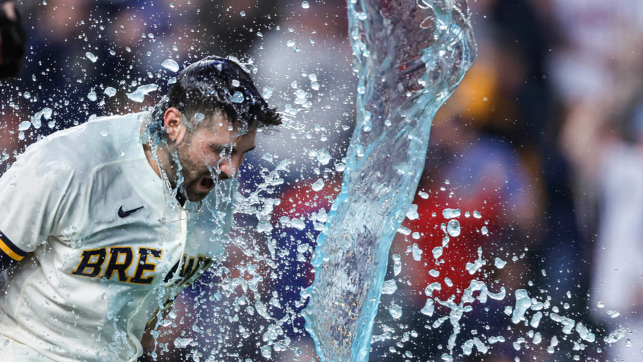 Milwaukee Brewers' Garrett Mitchell (5) reacts after his game-winning home run during the ninth inning of a baseball game against the New York Mets Wednesday, April 5, 2023, in Milwaukee. The Brewers won 7-6. (AP Photo/Jeffrey Phelps)