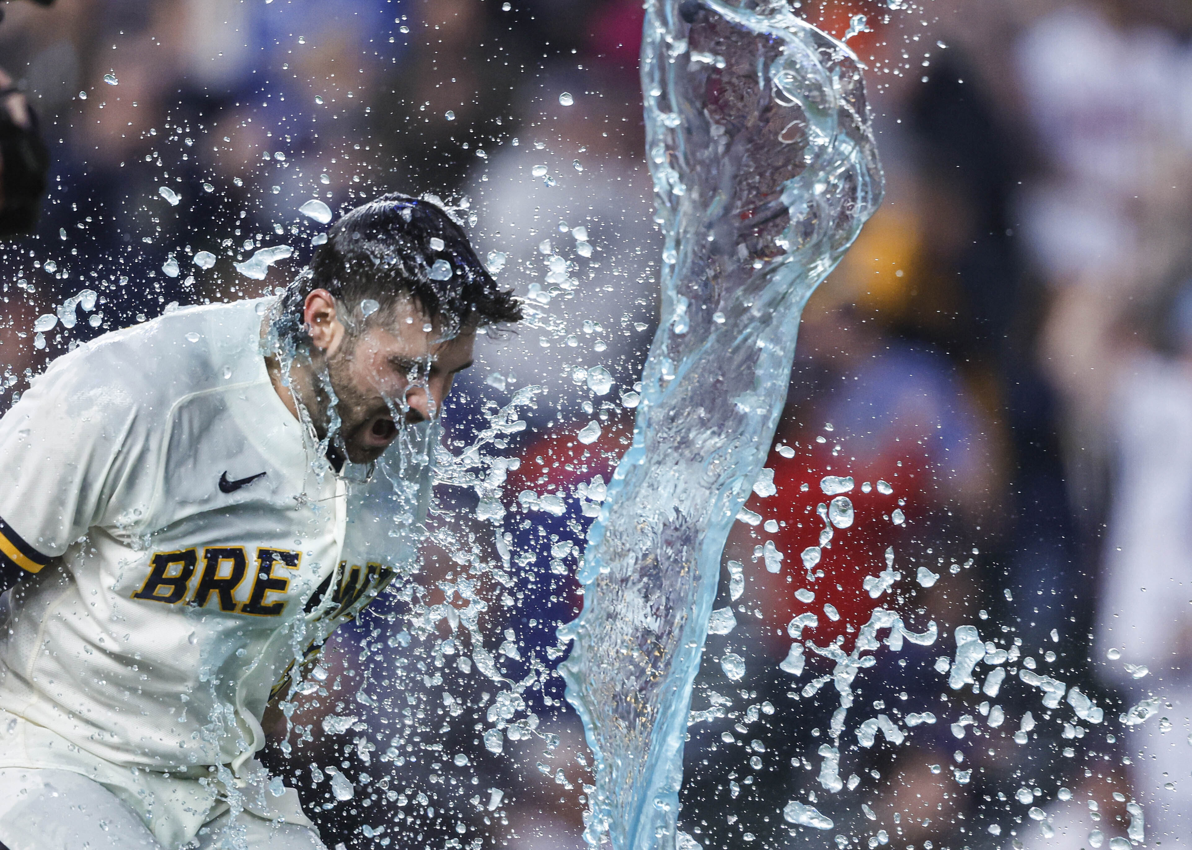 Milwaukee Brewers' Garrett Mitchell (5) reacts after his game-winning home run during the ninth inning of a baseball game against the New York Mets Wednesday, April 5, 2023, in Milwaukee. The Brewers won 7-6. (AP Photo/Jeffrey Phelps)