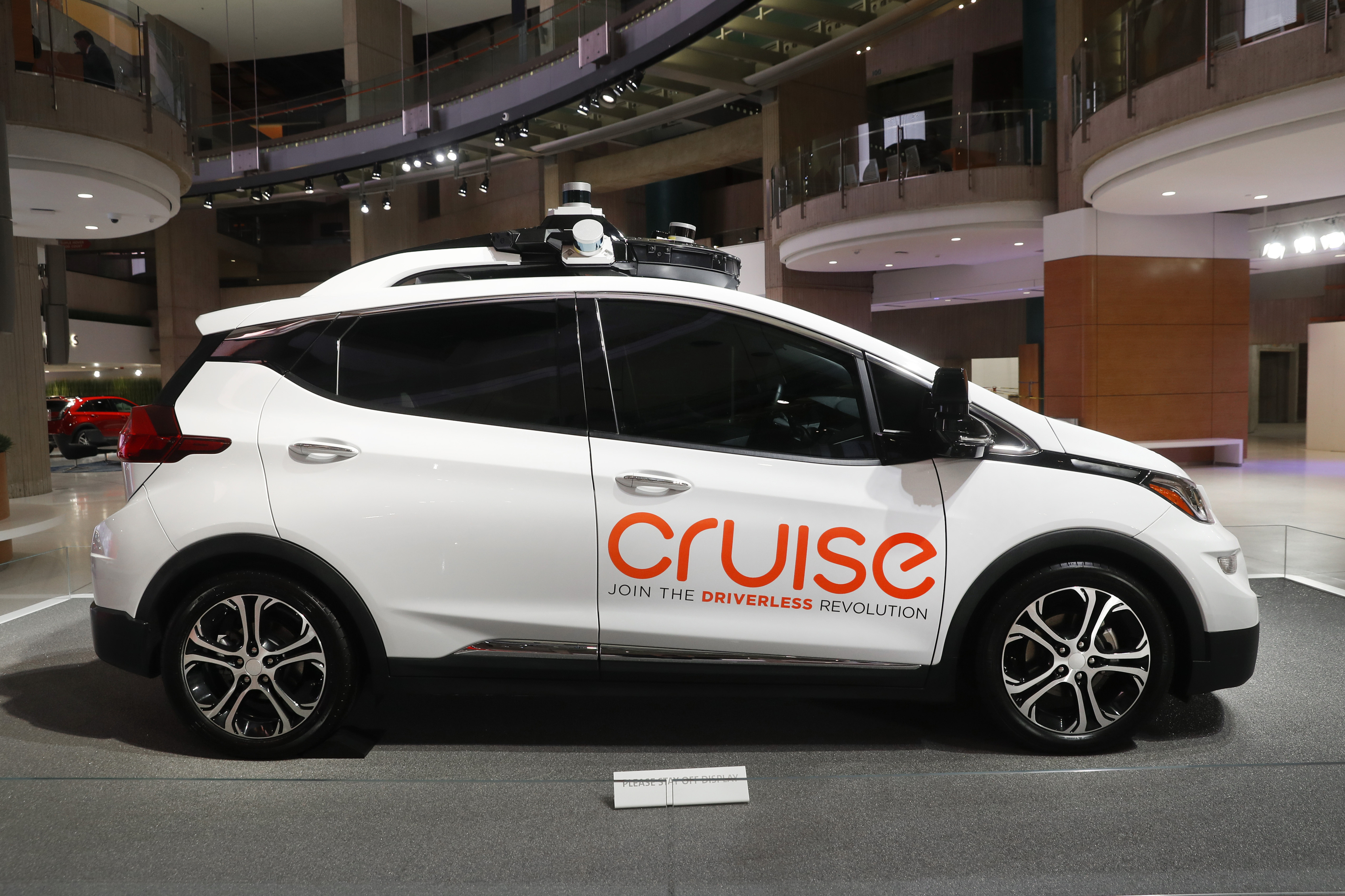 FILE - This Jan. 16, 2019, file photo, shows Cruise AV, General Motor's autonomous electric Bolt EV in Detroit. General Motors’ Cruise autonomous vehicle unit recalled 300 robotaxis to update software after one of them rear-ended a municipal bus in San Francisco. Cruise says in government documents posted Friday, April 7, 2023, that the robotaxi inaccurately predicted how the bus would move as it pulled out of a bus stop on March 23. (AP Photo/Paul Sancya, File)