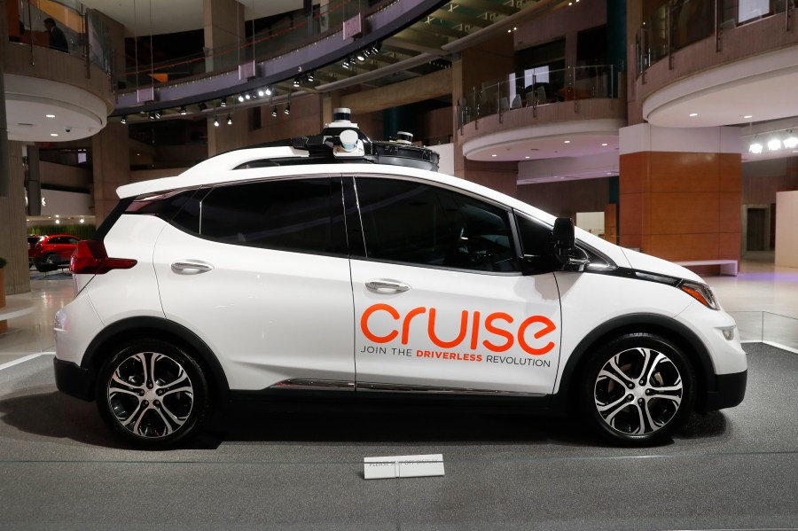 FILE - This Jan. 16, 2019, file photo, shows Cruise AV, General Motor's autonomous electric Bolt EV in Detroit. General Motors’ Cruise autonomous vehicle unit recalled 300 robotaxis to update software after one of them rear-ended a municipal bus in San Francisco. Cruise says in government documents posted Friday, April 7, 2023, that the robotaxi inaccurately predicted how the bus would move as it pulled out of a bus stop on March 23. (AP Photo/Paul Sancya, File)