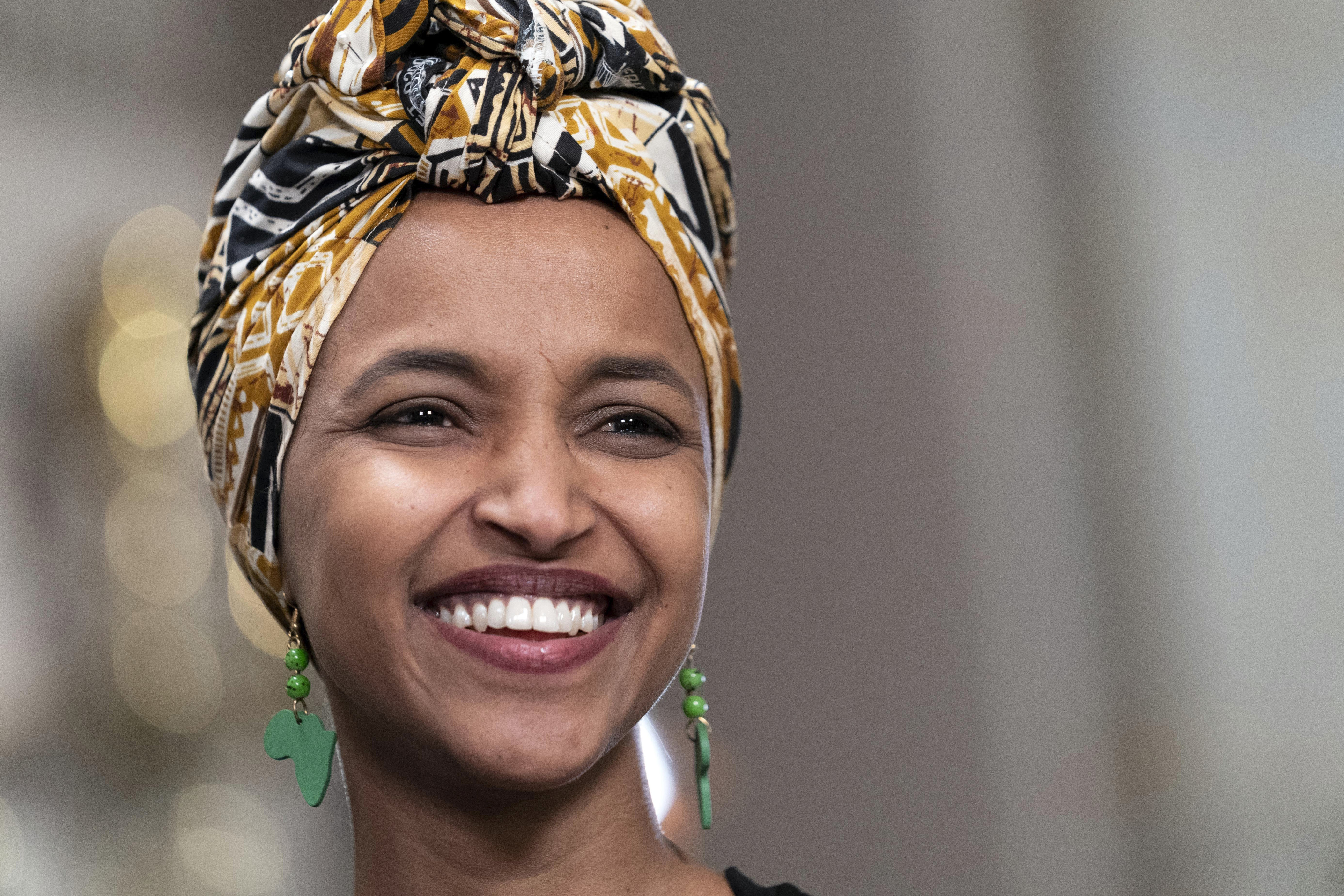 FILE - Rep. Ilhan Omar, D-Minn., speaks during an interview before President Joe Biden's State of the Union address to a joint session of Congress at the Capitol, Tuesday, Feb. 7, 2023, in Washington. In interviews with nearly a dozen Democrats in the House and Senate, Omar is portrayed as a serious legislator who in the past four years has earned admiration for giving voice to marginalized groups often forgotten on Capitol Hill. (AP Photo/Jose Luis Magana, File)