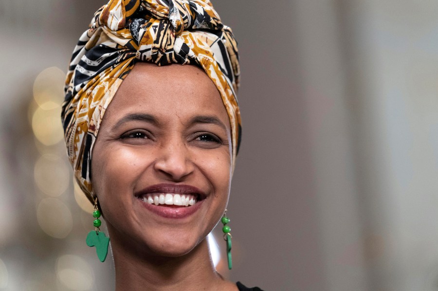 FILE - Rep. Ilhan Omar, D-Minn., speaks during an interview before President Joe Biden's State of the Union address to a joint session of Congress at the Capitol, Tuesday, Feb. 7, 2023, in Washington. In interviews with nearly a dozen Democrats in the House and Senate, Omar is portrayed as a serious legislator who in the past four years has earned admiration for giving voice to marginalized groups often forgotten on Capitol Hill. (AP Photo/Jose Luis Magana, File)