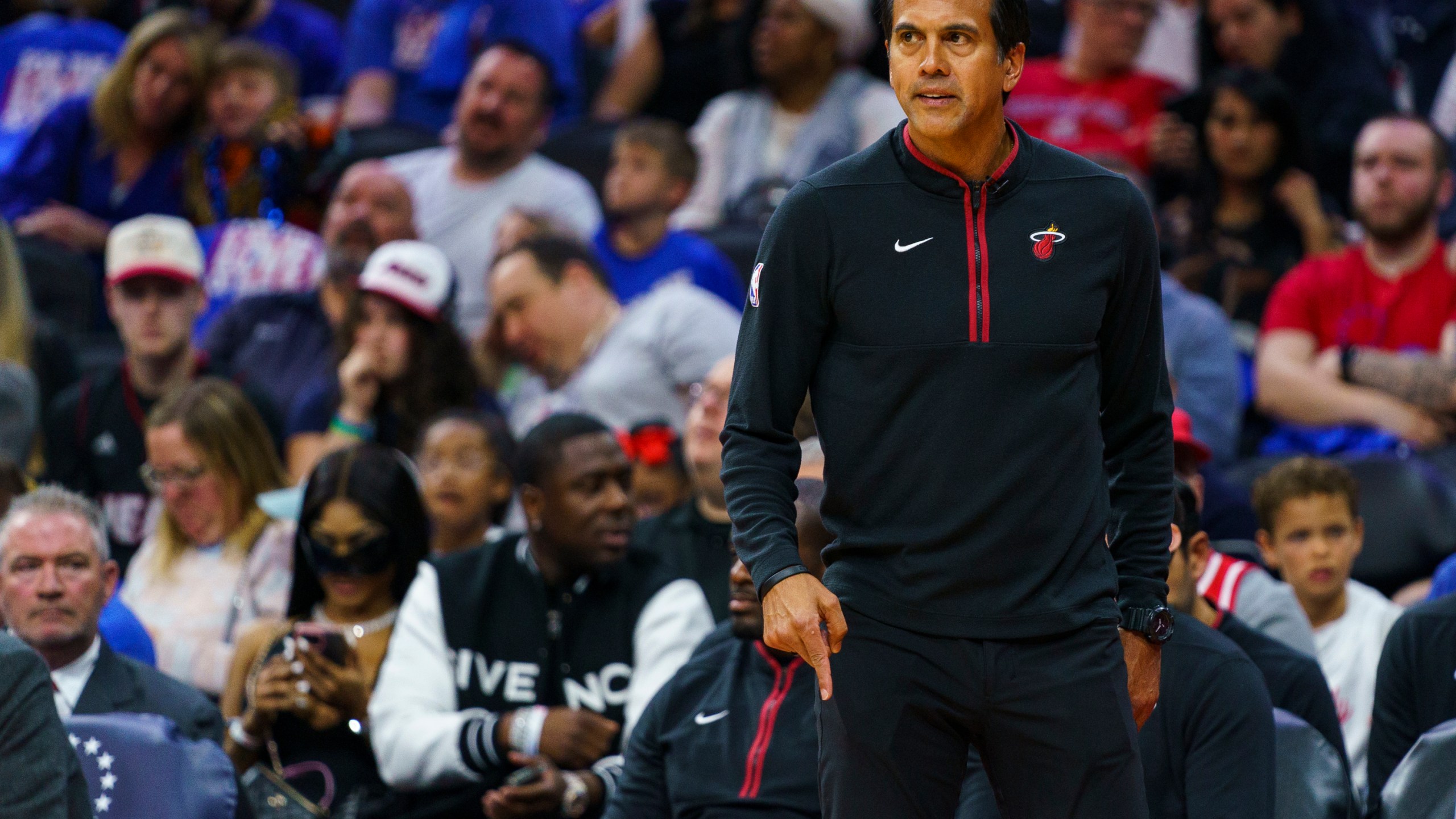 Miami Heat head coach Erik Spoelstra reacts on the sideline during the first half an NBA basketball game against the Philadelphia 76ers, Thursday, April 6, 2023, in Philadelphia. (AP Photo/Chris Szagola)