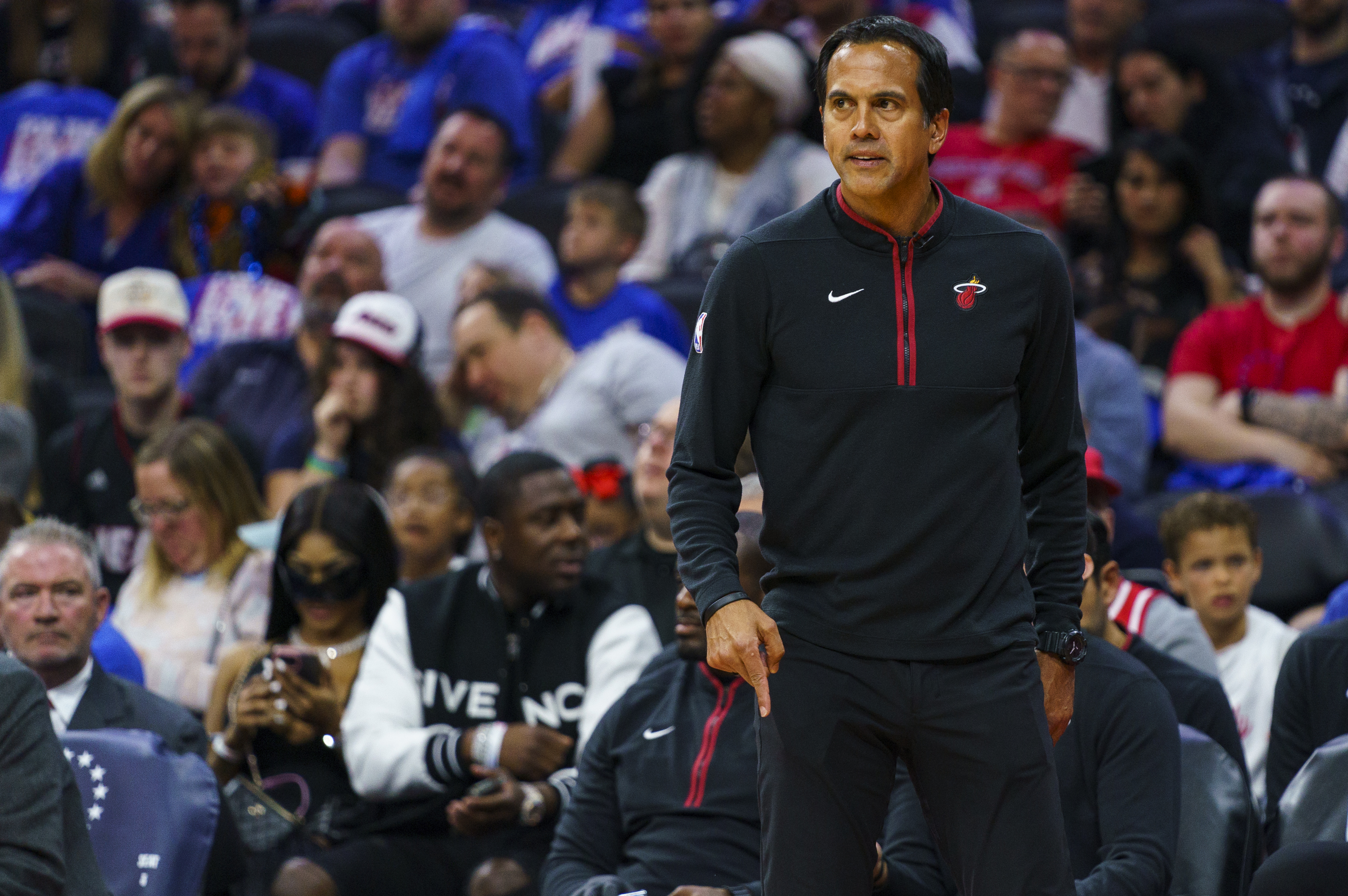 Miami Heat head coach Erik Spoelstra reacts on the sideline during the first half an NBA basketball game against the Philadelphia 76ers, Thursday, April 6, 2023, in Philadelphia. (AP Photo/Chris Szagola)