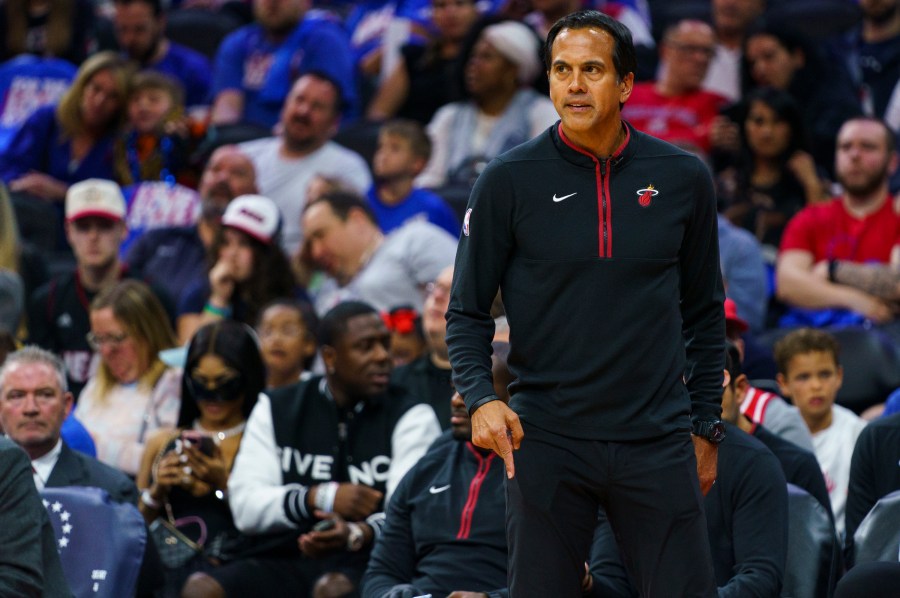 Miami Heat head coach Erik Spoelstra reacts on the sideline during the first half an NBA basketball game against the Philadelphia 76ers, Thursday, April 6, 2023, in Philadelphia. (AP Photo/Chris Szagola)