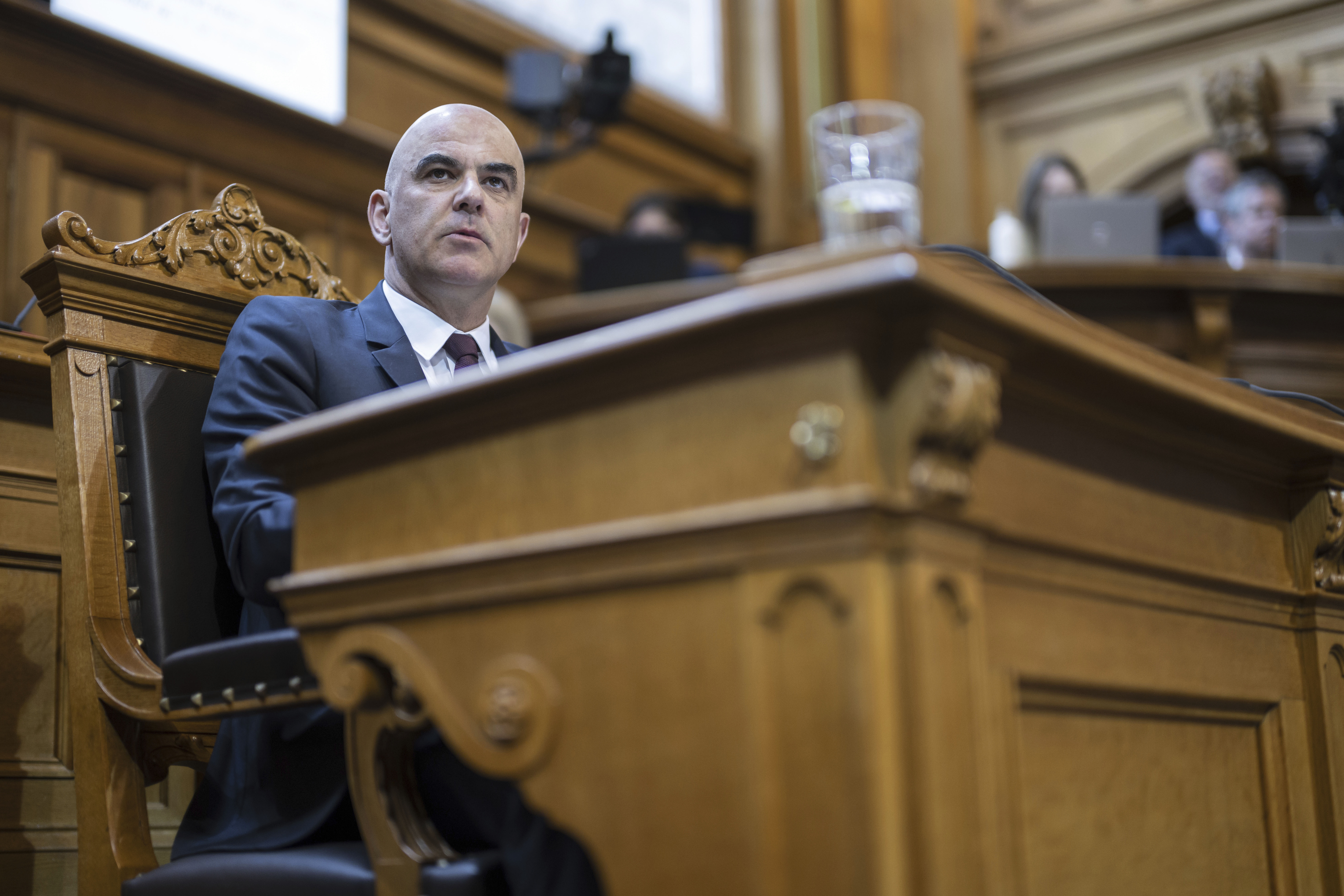 Swiss Federal President Alain Berset attends an extraordinary session of the Federal Assembly in Bern, Switzerland, Tuesday, April 11, 2023. Switzerland’s parliament is opening a special session to scrutinize the state-imposed takeover of Swiss bank Credit Suisse by rival UBS. (Alessandro della Valle/Keystone via AP)