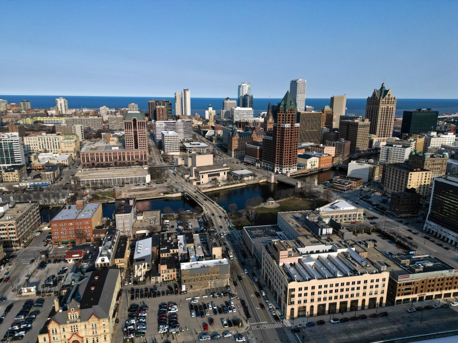 FILE - The Milwaukee city skyline is seen on April 7, 2023, in Milwaukee. Both Democrats and Republicans are zeroing in on the critical Midwestern region ahead of next year's presidential election, with both parties choosing to hold their national conventions there. Republicans will hold their event in Milwaukee, while Democrats announced Tuesday, April 11, that they would hold theirs in Chicago. (AP Photo/Morry Gash, File)