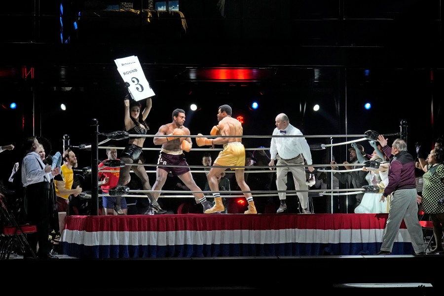 This image released by the Metropolitan Opera shows Ryan Speedo Green, left, and Eric Greene in a scene from Terence Blanchard's opera "Champion." (Ken Howard/Met Opera via AP)