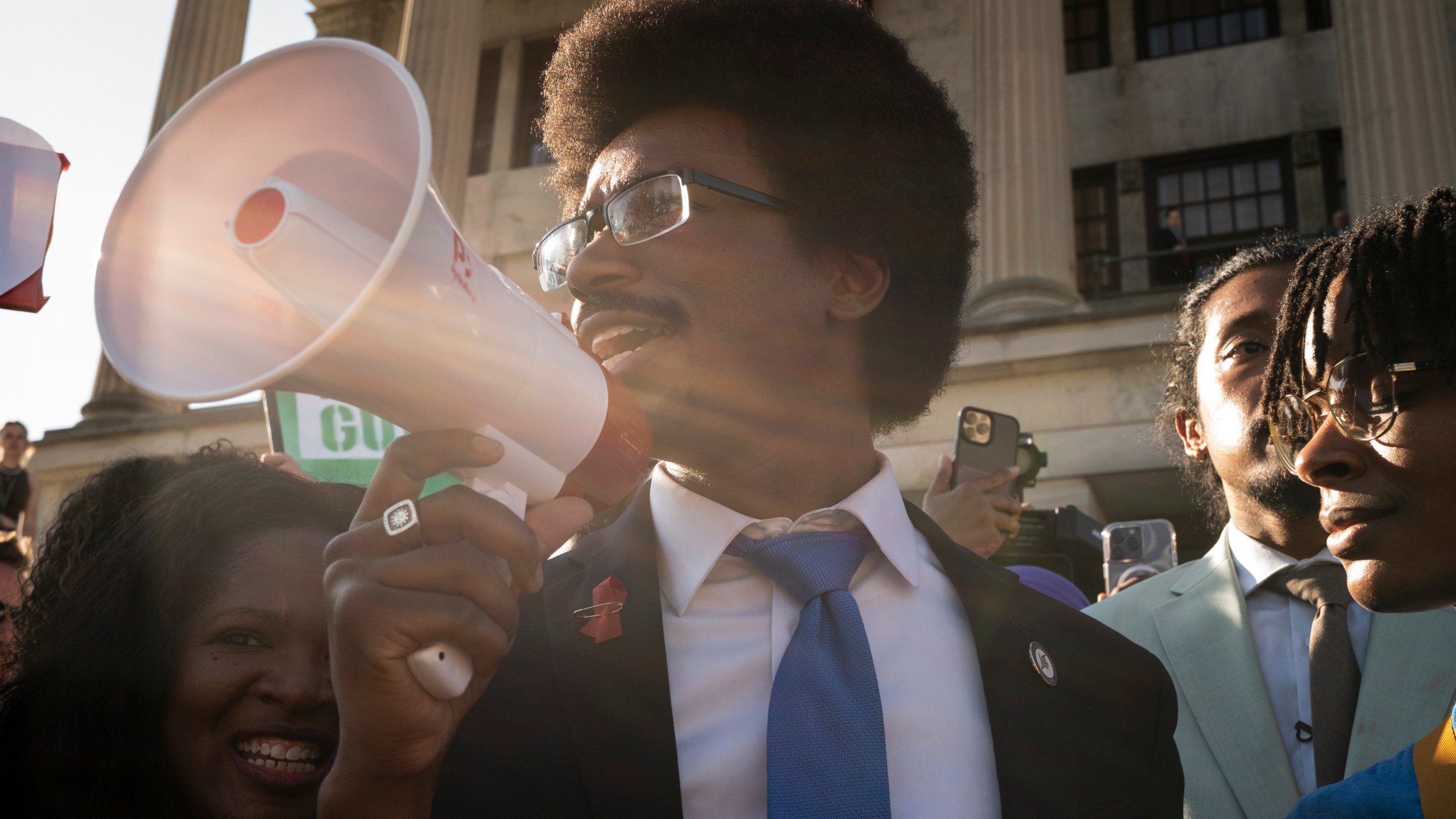 Expelled State Rep. Justin Pearson, D-Memphis, delivers remarks outside the state Capitol Monday, April 10, 2023, in Nashville, Tenn. Pearson was expelled the previous week over his role in a gun-control protest on the House floor in the aftermath of a deadly school shooting. (AP Photo/George Walker IV)