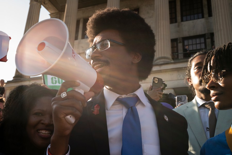 Expelled State Rep. Justin Pearson, D-Memphis, delivers remarks outside the state Capitol Monday, April 10, 2023, in Nashville, Tenn. Pearson was expelled the previous week over his role in a gun-control protest on the House floor in the aftermath of a deadly school shooting. (AP Photo/George Walker IV)