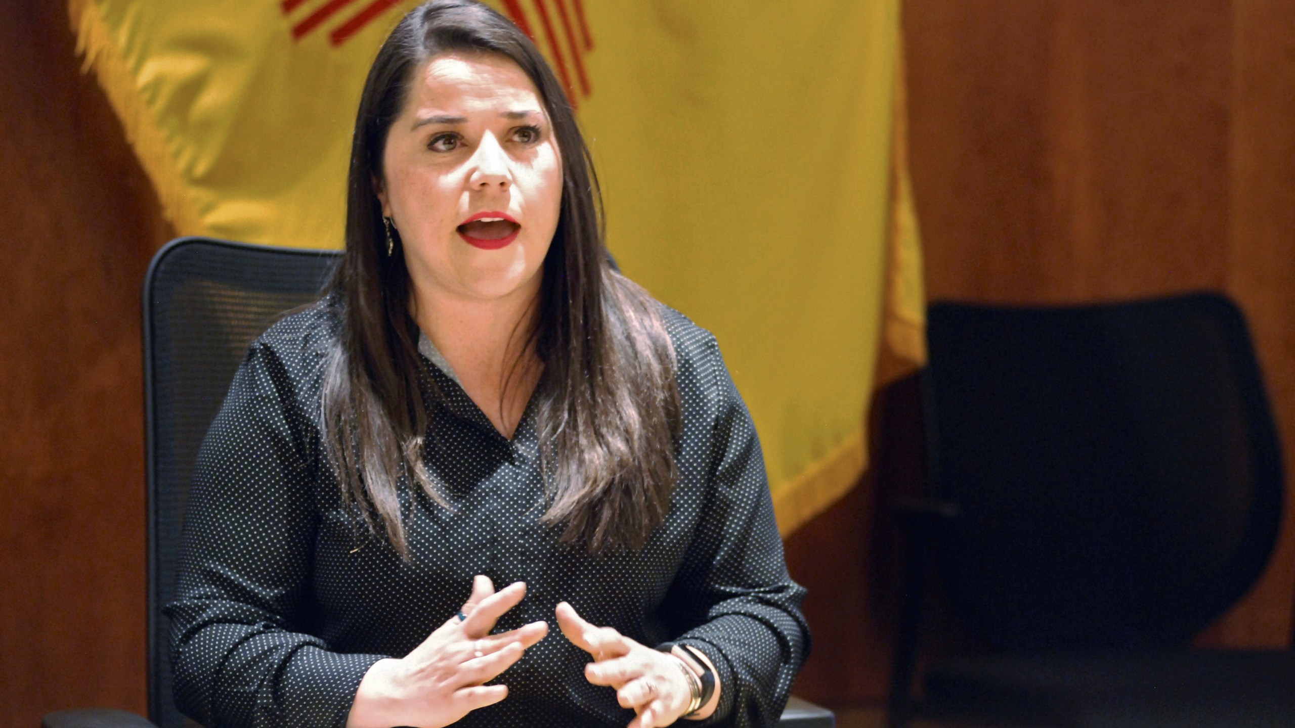 FILE - Corrections Department Secretary Alisha Tafoya Lucero speaks after being named as Cabinet secretary to oversee New Mexico's combination public-private prison system, at a news conference in Santa Fe, N.M., on Wednesday, June 19, 2019. Advocates for prisoners' rights have filed a civil rights lawsuit against state corrections officers who allegedly ignored requirements that they videotape a prison-cell encounter with an inmate who says he was sexually abused, beaten without provocation and taunted with words that evoked the 2020 death of George Floyd at the hands of police. (AP Photo/Morgan Lee, File)