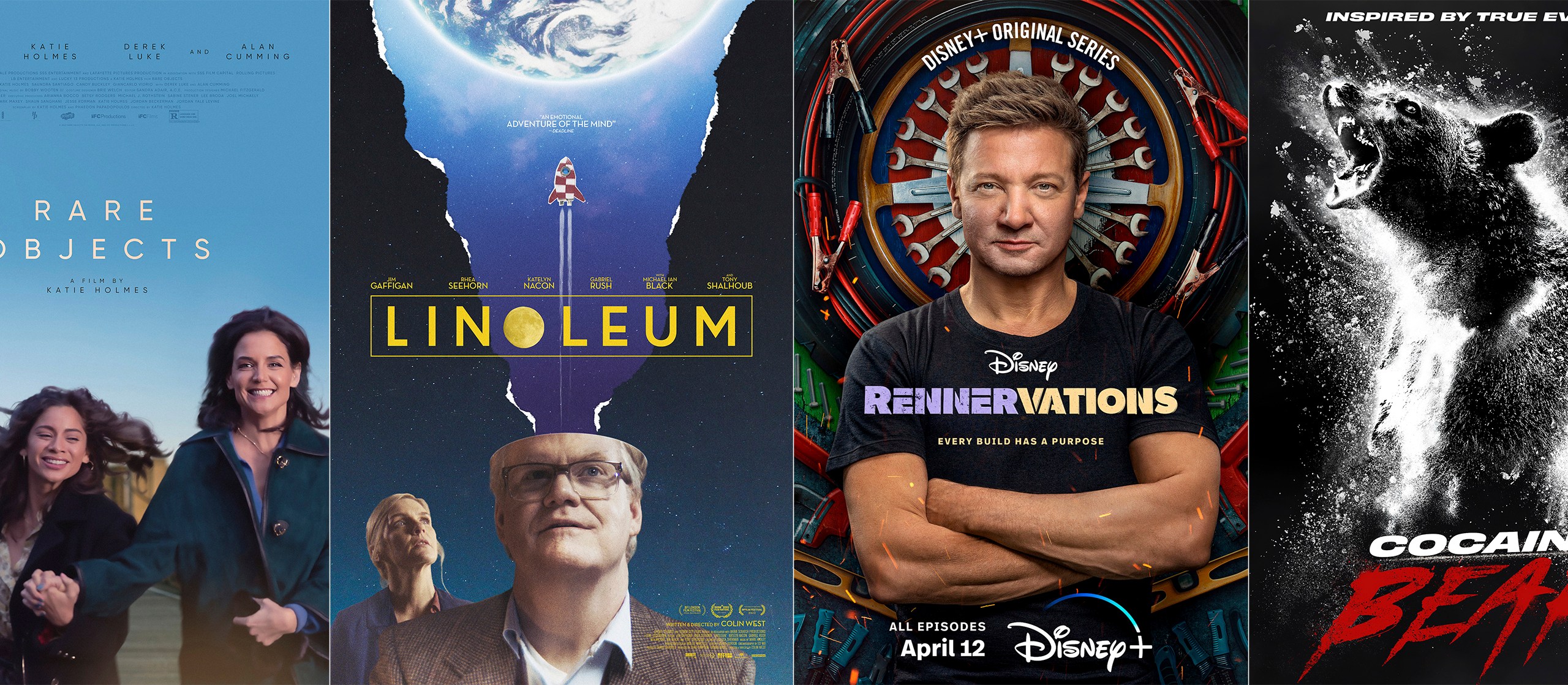 This combination of images shows promotional art for the film "Rare Objects," opening in theaters and video on demand on April 14, "Linoleum," a film available on demand on Tuesday, April 11, "Rennervations," a series premiering April 12 on Disney+, and "Cocaine Bear," a film streaming April 14 on Peacock. (IFC Films/Shout Factory/Disney+/Universal via AP)