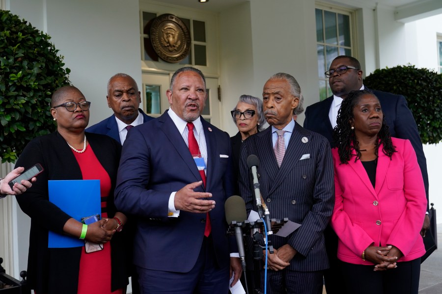 FILE - Marc Morial, center, President and Chief Executive Officer of the National Urban League, talks with reporters outside the West Wing of the White House in Washington, July 8, 2021, following a meeting with President Joe Biden and leadership of top civil rights organizations. Extreme views adopted by some local, state and federal political leaders who try to limit what history can be taught and undermine how Black leaders perform their jobs are among the leading threats to democracy for Black Americans, according to a National Urban League report to be released Saturday, April 15. (AP Photo/Susan Walsh, File)