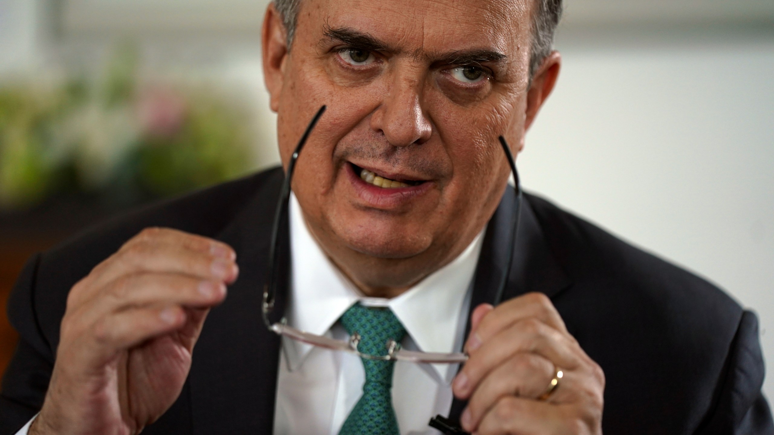 Mexican Foreign Minter Marcelo Ebrard gives an interview at his office in Mexico City, Monday, April 3, 2023. Ebrard is testing whether his work on the world stage will translate to votes in Mexico as he competes for the ruling party nomination in the 2024 presidential elections. (AP Photo/Fernando Llano)