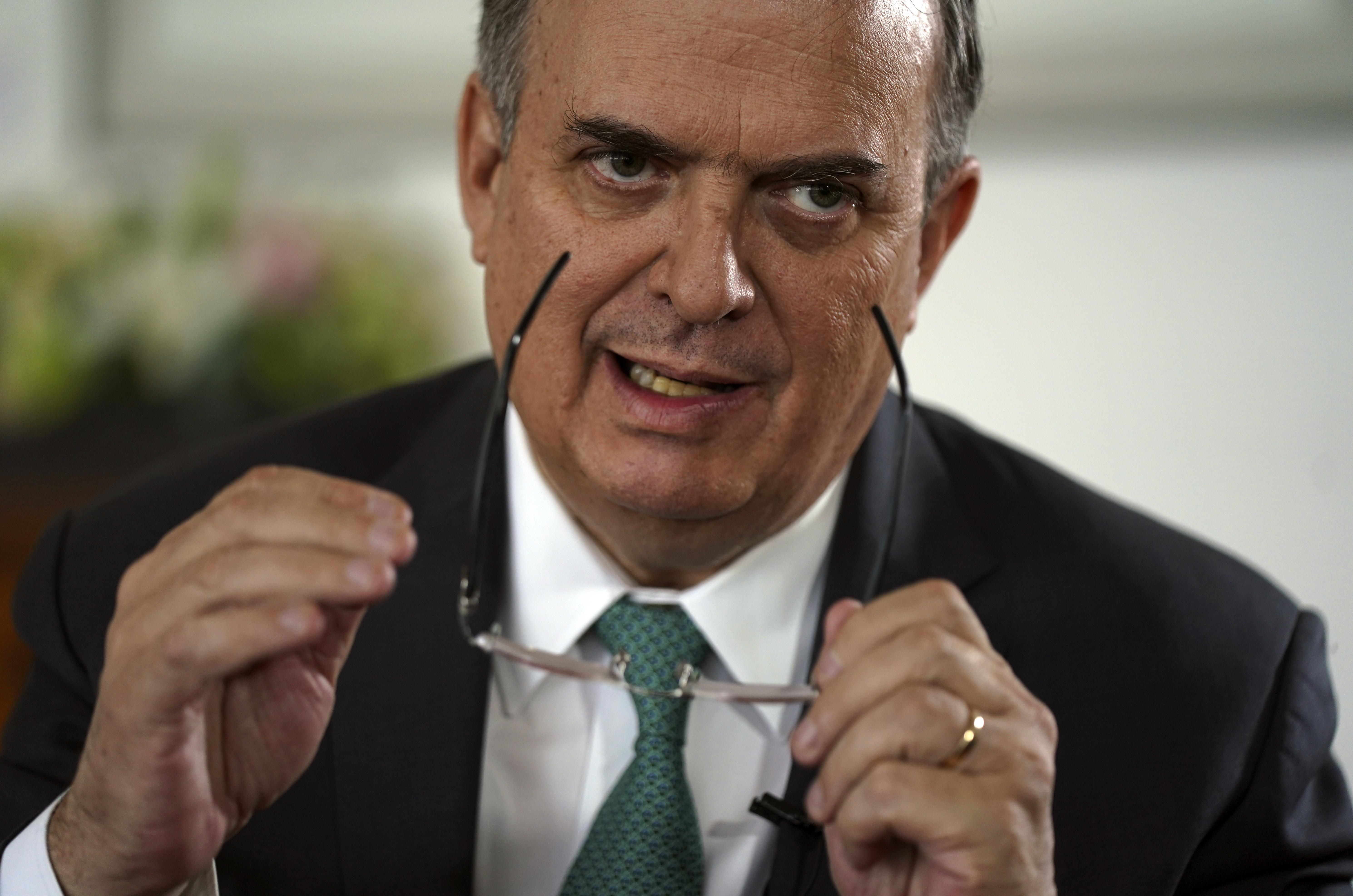 Mexican Foreign Minter Marcelo Ebrard gives an interview at his office in Mexico City, Monday, April 3, 2023. Ebrard is testing whether his work on the world stage will translate to votes in Mexico as he competes for the ruling party nomination in the 2024 presidential elections. (AP Photo/Fernando Llano)