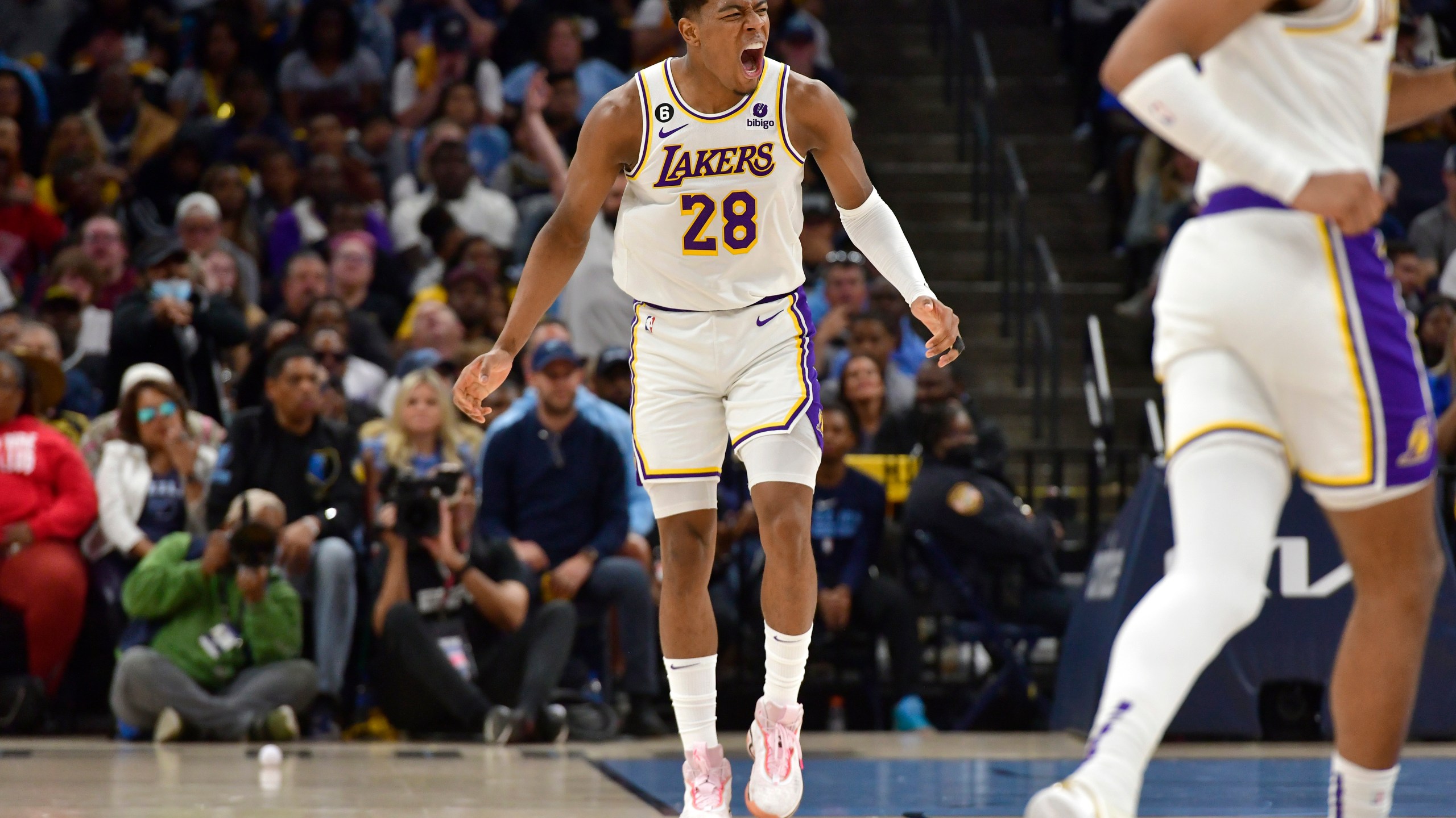 Los Angeles Lakers forward Rui Hachimura (28) reacts during Game 1 of a first-round NBA basketball playoff series against the Memphis Grizzlies, Sunday, April 16, 2023, in Memphis, Tenn. (AP Photo/Brandon Dill)