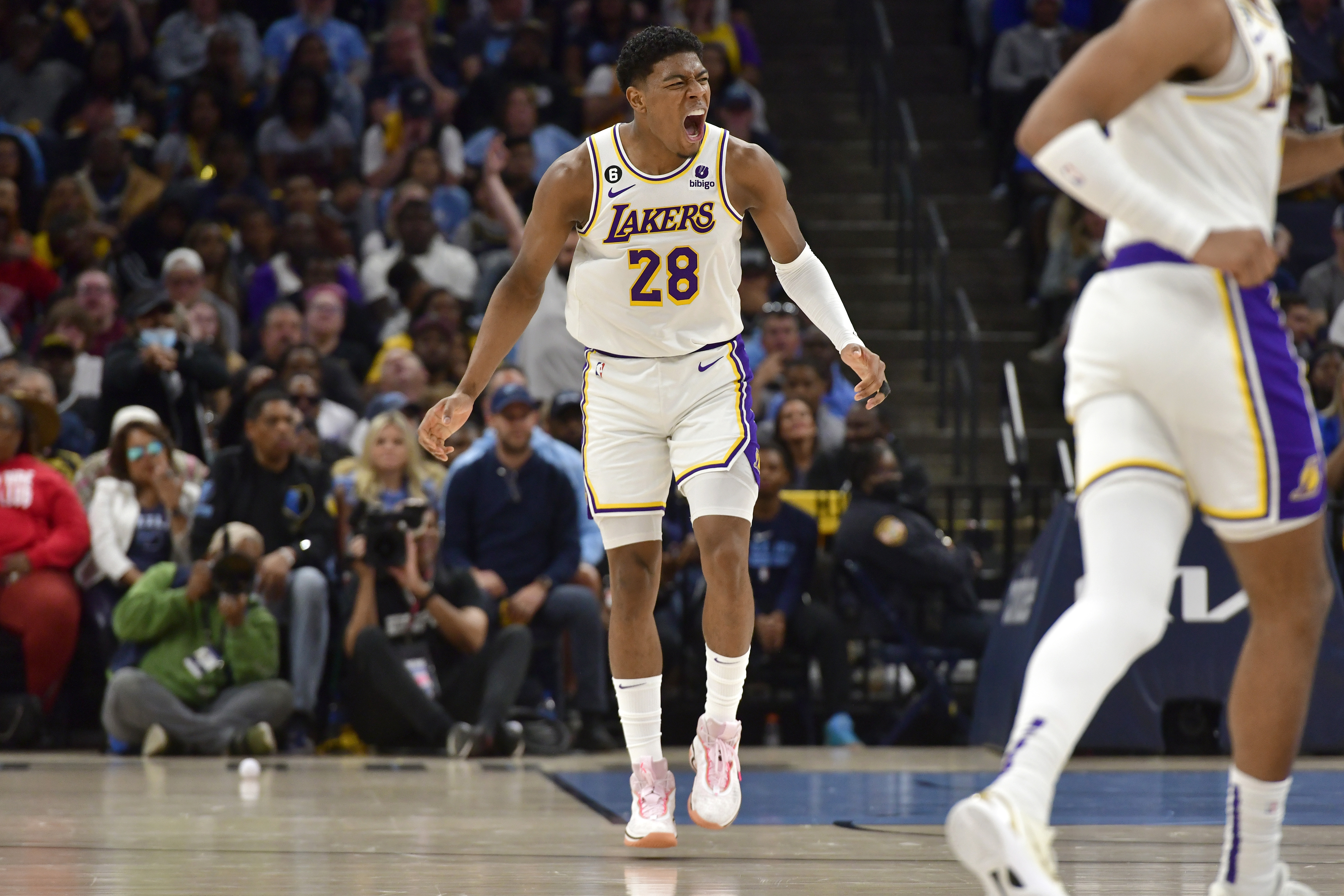 Los Angeles Lakers forward Rui Hachimura (28) reacts during Game 1 of a first-round NBA basketball playoff series against the Memphis Grizzlies, Sunday, April 16, 2023, in Memphis, Tenn. (AP Photo/Brandon Dill)