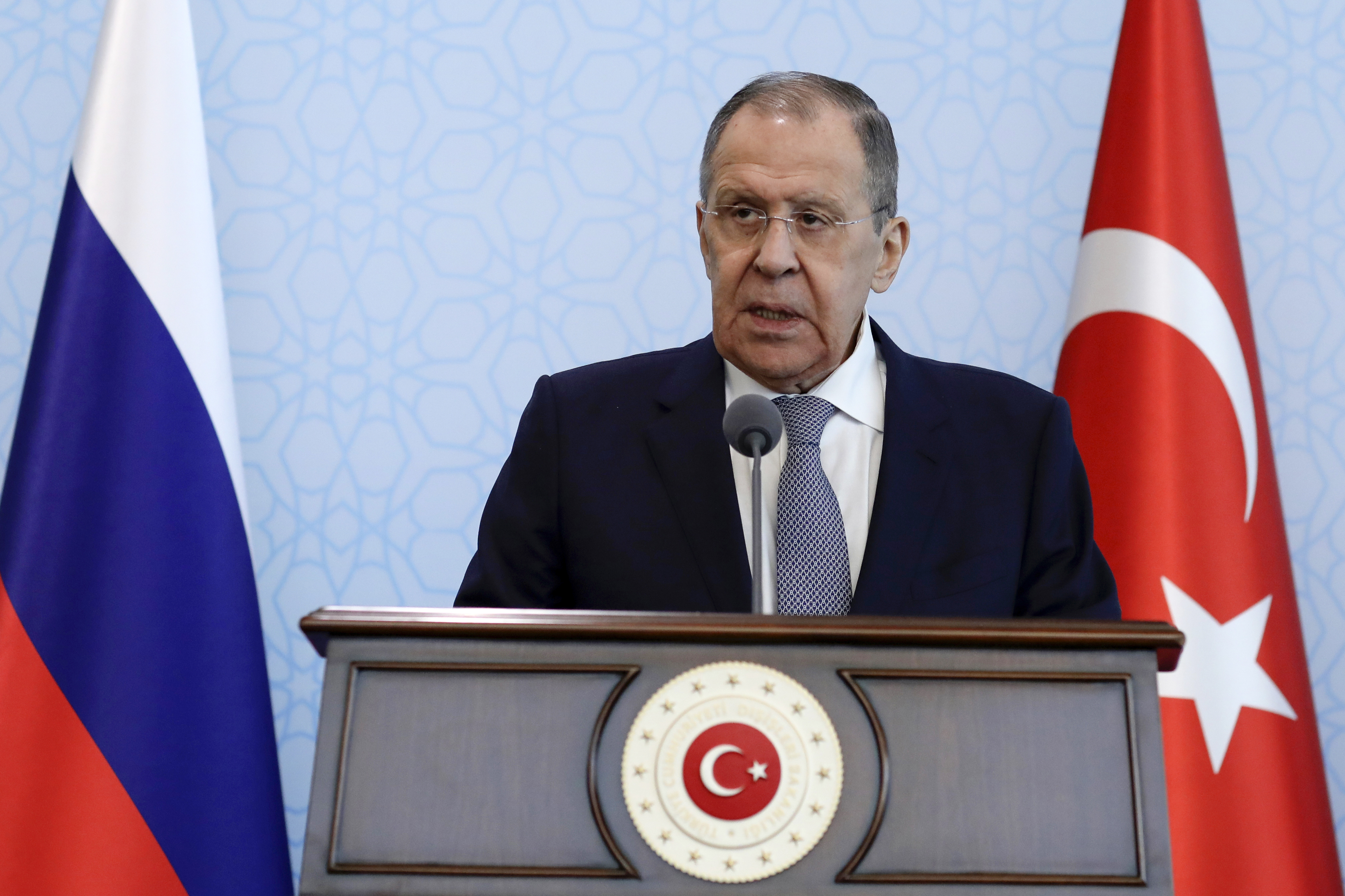 FILE - Russia's Foreign Minister Sergey Lavrov speaks during a joint news conference with Turkish Foreign Minister Mevlut Cavusoglu after their talks, in Ankara, Turkey, Friday, April 7, 2023. So far, the Russian presidency of the U.N. Security Council has been the most contentious in the memory of long-time U.N. diplomats and officials. More fireworks are to come later in the month when Lavrov presides over the premier event of the presidency — an open council meeting on defending the principles of the U.N. Charter. (AP Photo/Burhan Ozbilici, File)