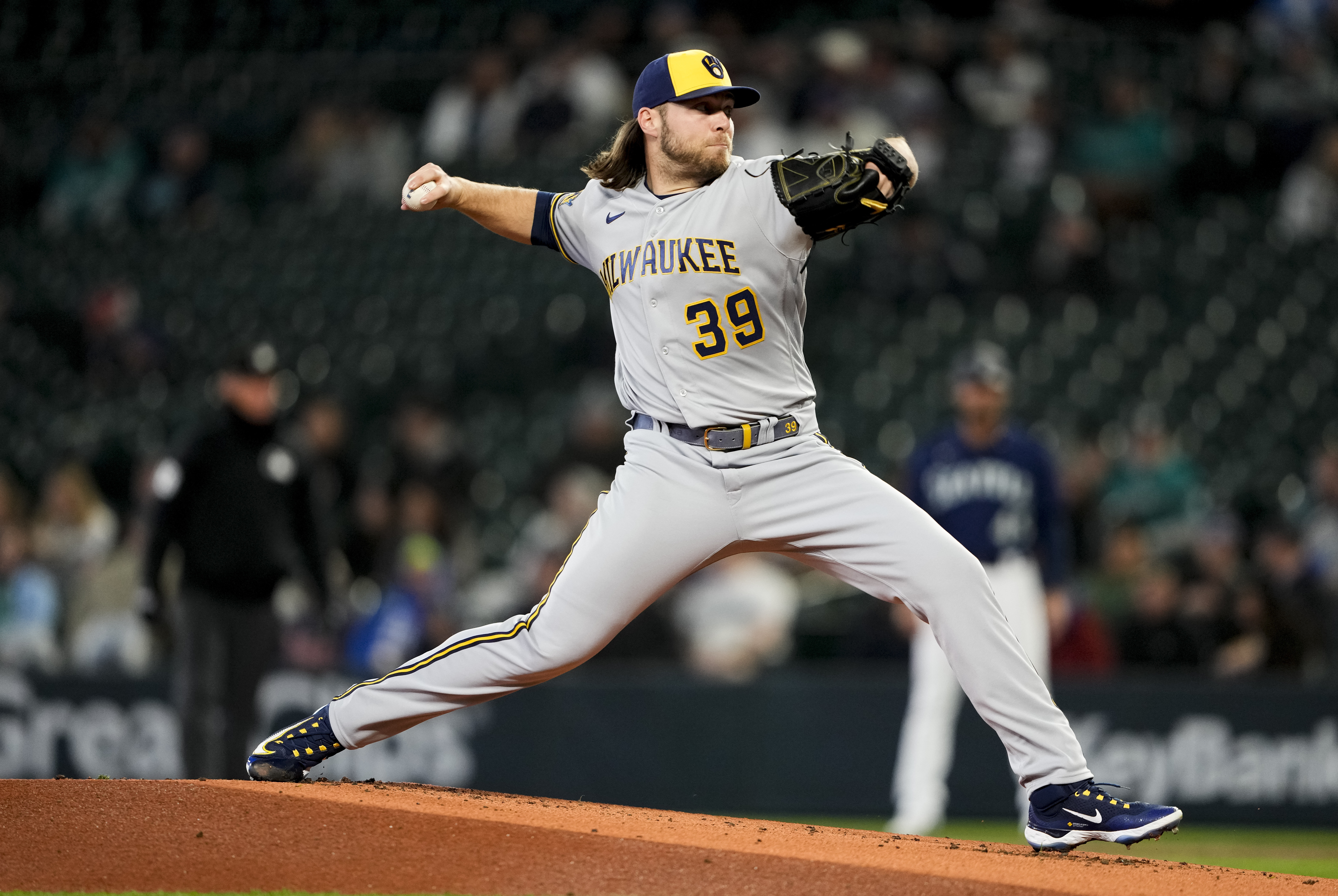 Milwaukee Brewers starting pitcher Corbin Burnes throws against the Seattle Mariners during the first inning of a baseball game Monday, April 17, 2023, in Seattle. (AP Photo/Lindsey Wasson)