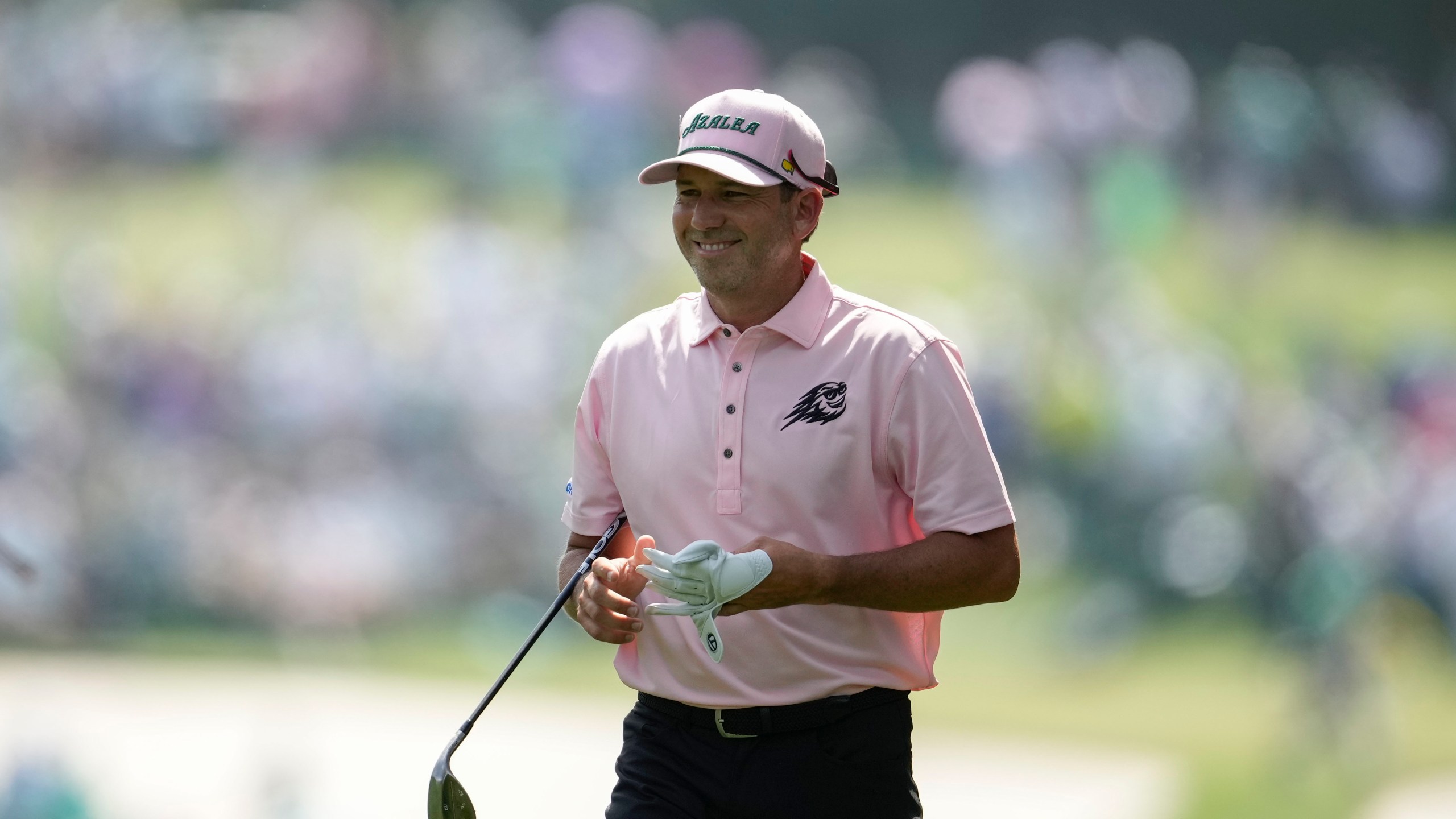 Sergio Garcia, of Spain, smiles on the first hole during the second round of the Masters golf tournament at Augusta National Golf Club on Friday, April 7, 2023, in Augusta, Ga. (AP Photo/Matt Slocum)