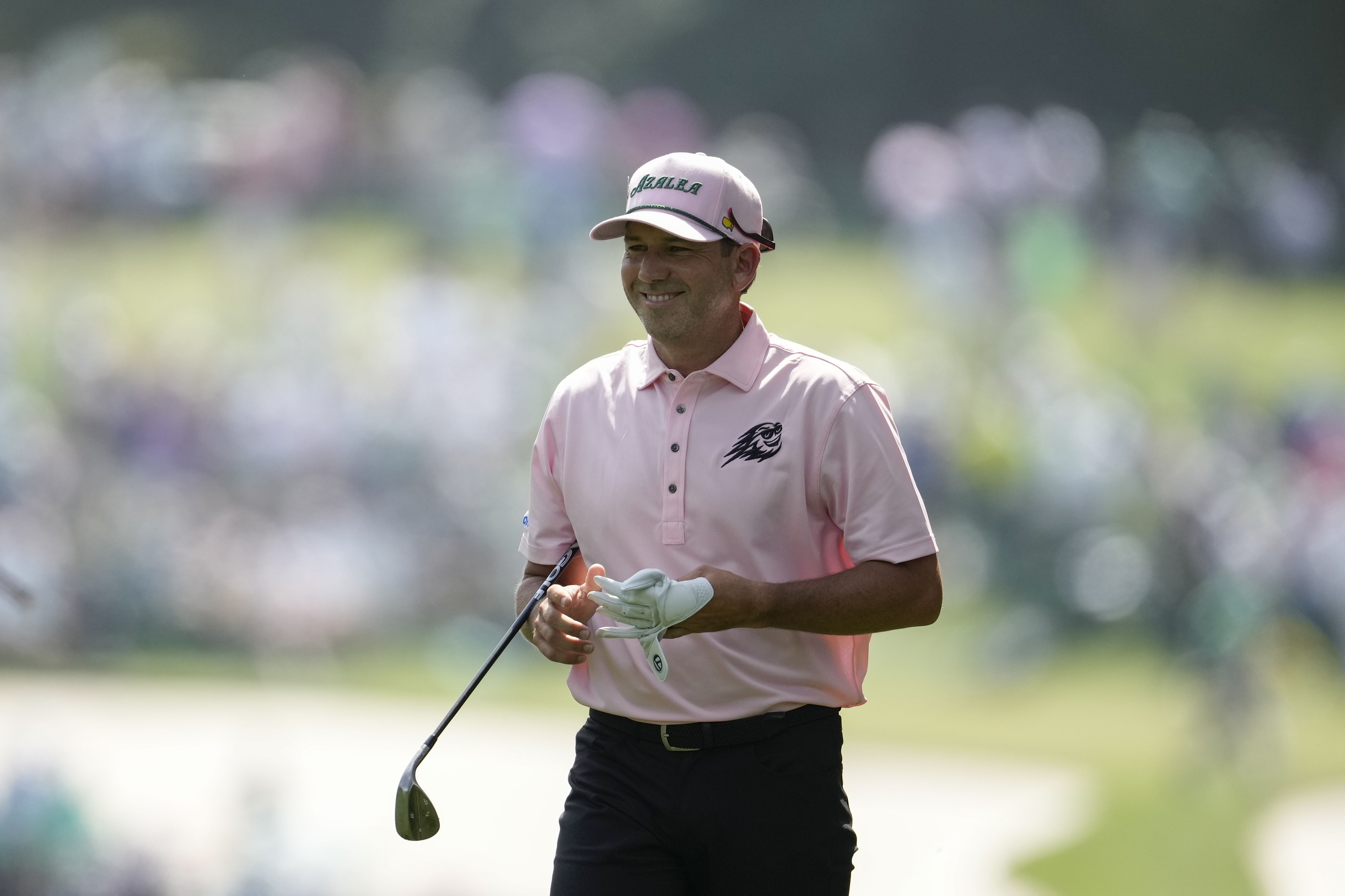 Sergio Garcia, of Spain, smiles on the first hole during the second round of the Masters golf tournament at Augusta National Golf Club on Friday, April 7, 2023, in Augusta, Ga. (AP Photo/Matt Slocum)