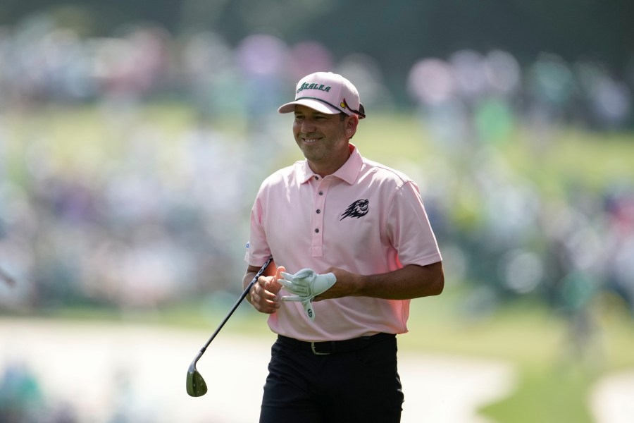 Sergio Garcia, of Spain, smiles on the first hole during the second round of the Masters golf tournament at Augusta National Golf Club on Friday, April 7, 2023, in Augusta, Ga. (AP Photo/Matt Slocum)