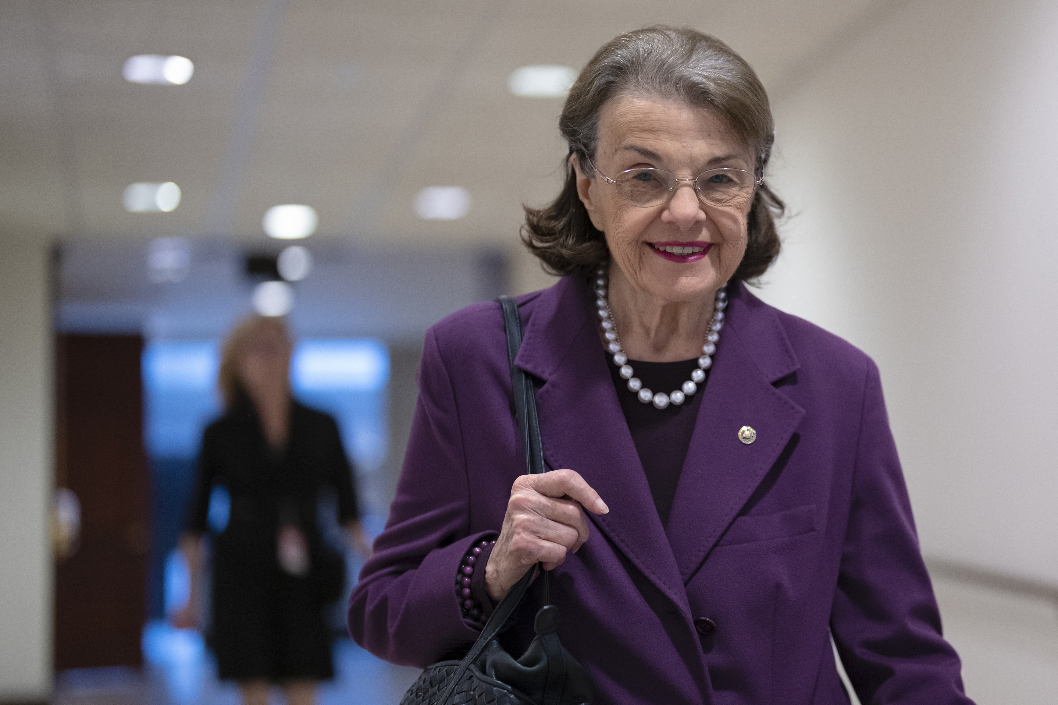 FILE - Sen. Dianne Feinstein, D-Calif., leaves a classified briefing on China, at the Capitol in Washington, Wednesday, Feb. 15, 2023. Democrats’ efforts to temporarily replace Feinstein on the Senate Judiciary Committee met quick opposition Monday, April 17, from some Republicans, potentially complicating the plan even as some of President Joe Biden’s judicial nominees remain on hold during her extended medical absence. Feinstein, 89, last week asked to be temporarily replaced on the Senate Judiciary Committee while she recuperates in her home state from a case of the shingles. (AP Photo/J. Scott Applewhite, File)