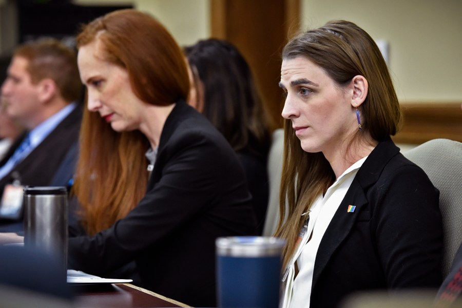 FILE - Zooey Zephyr, right, attends a legislative training session at the state Capitol in Helena, Mont., on Nov. 16, 2022. Zephyr, who is one of the first two transgender candidates elected to the Montana Legislature, was intentionally misgendered on April 18, 2023, in a demand by the Montana Freedom Caucus that the state House censure her for comments she made on the House floor about a bill to ban transgender medical care for children. (Thom Bridge/Independent Record via AP, File)