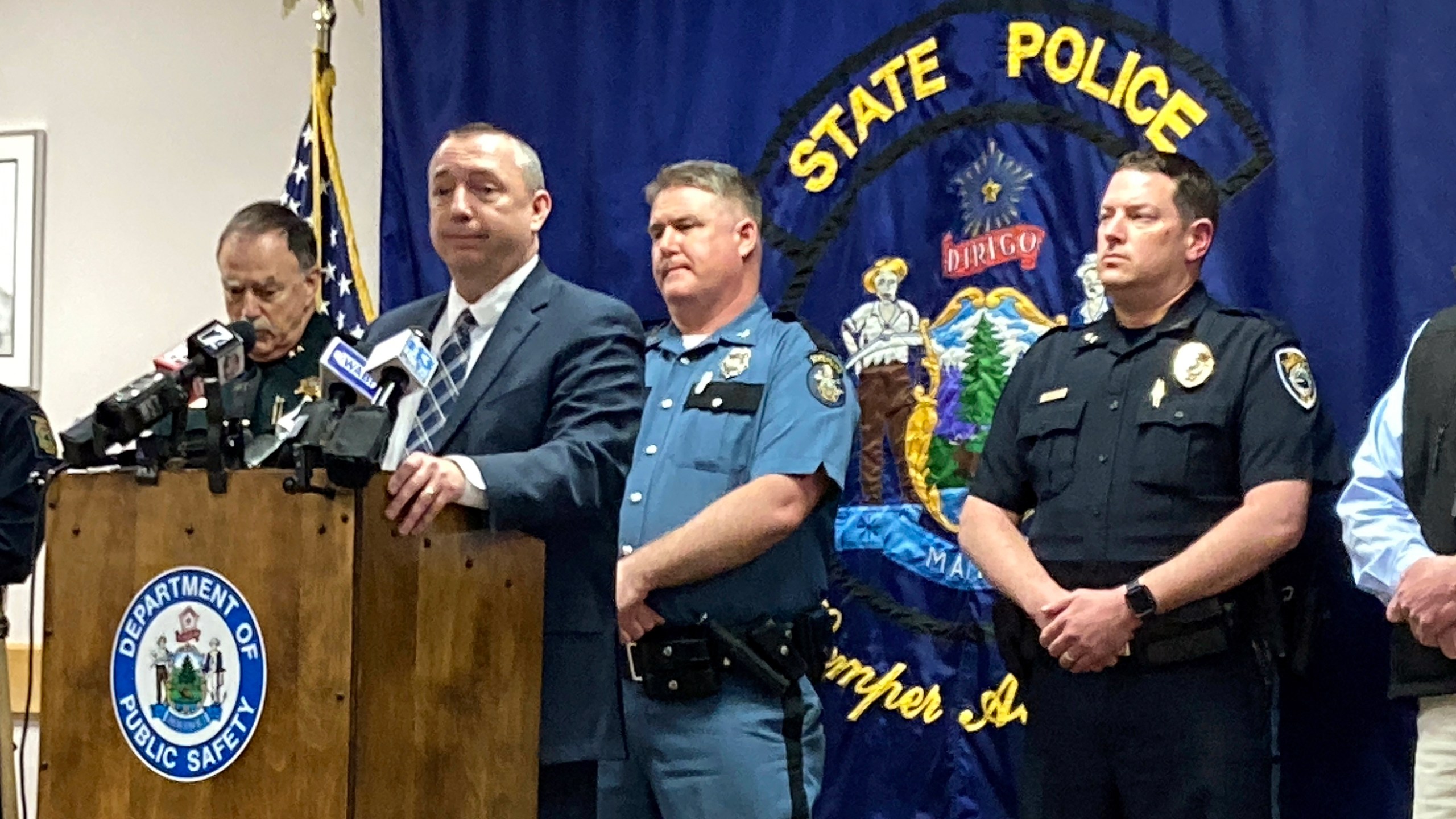 Maine Department of Public Safety Commissioner Mike Sauschuck leads a news conference, Wednesday, April 19, 2023, in Augusta, Maine, about shootings in the state. A Maine man who police say killed four people in a home and then shot three others randomly on a busy highway had been released days earlier from prison, a state official said Wednesday. (AP Photo/Patrick Whittle)