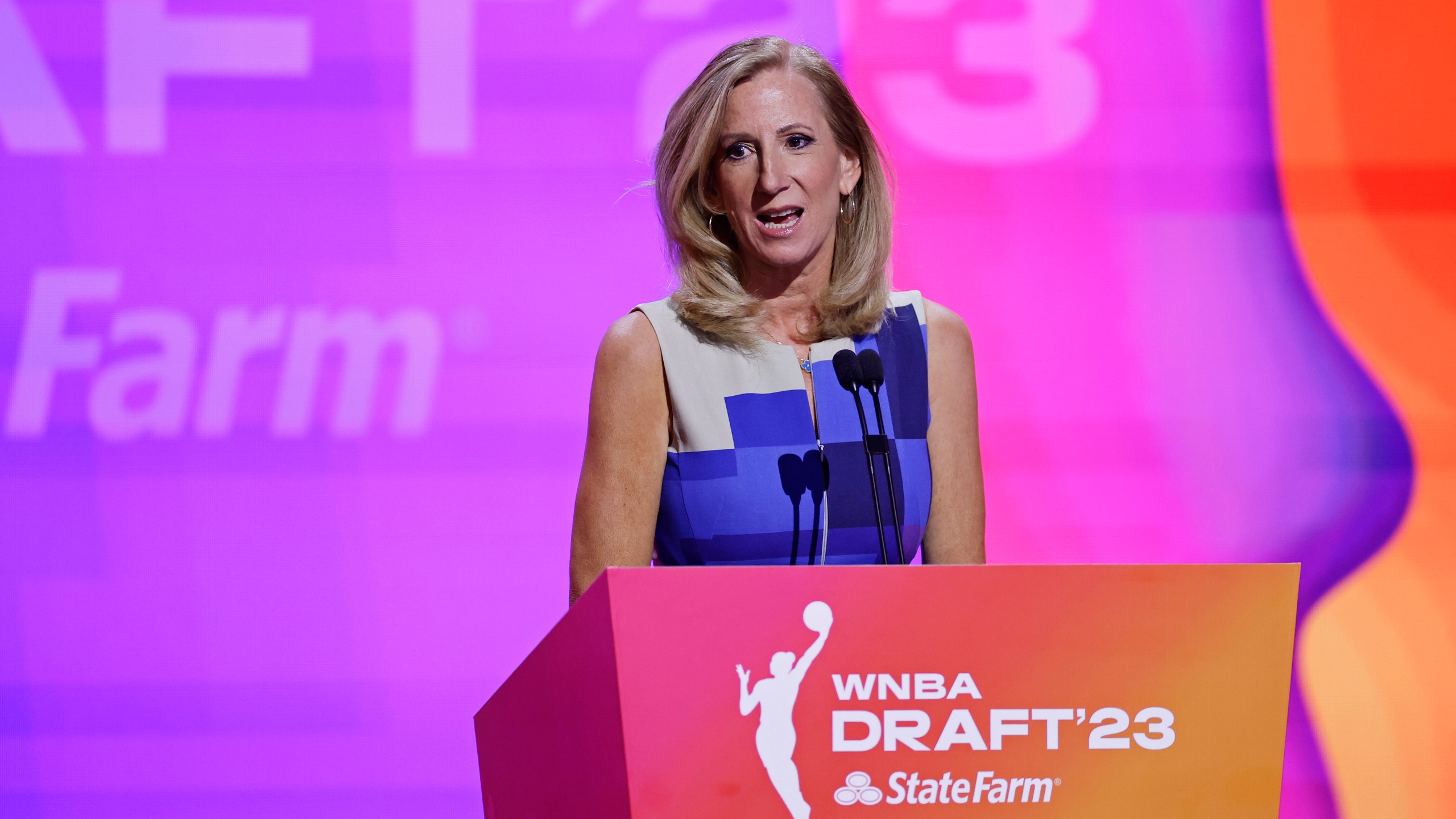 Commissioner Cathy Engelbert speaks at the WNBA basketball draft Monday, April 10, 2023, in New York. (AP Photo/Adam Hunger)