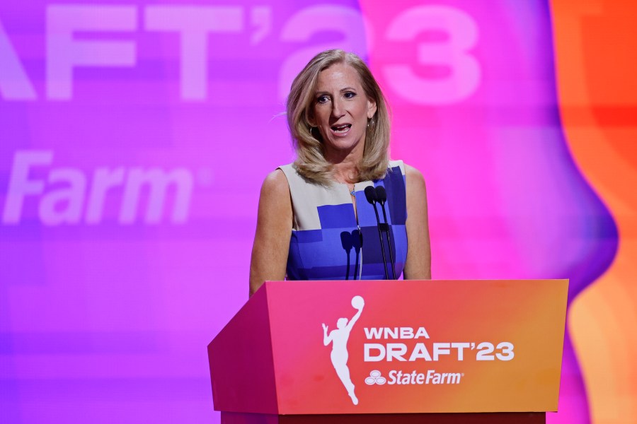 Commissioner Cathy Engelbert speaks at the WNBA basketball draft Monday, April 10, 2023, in New York. (AP Photo/Adam Hunger)