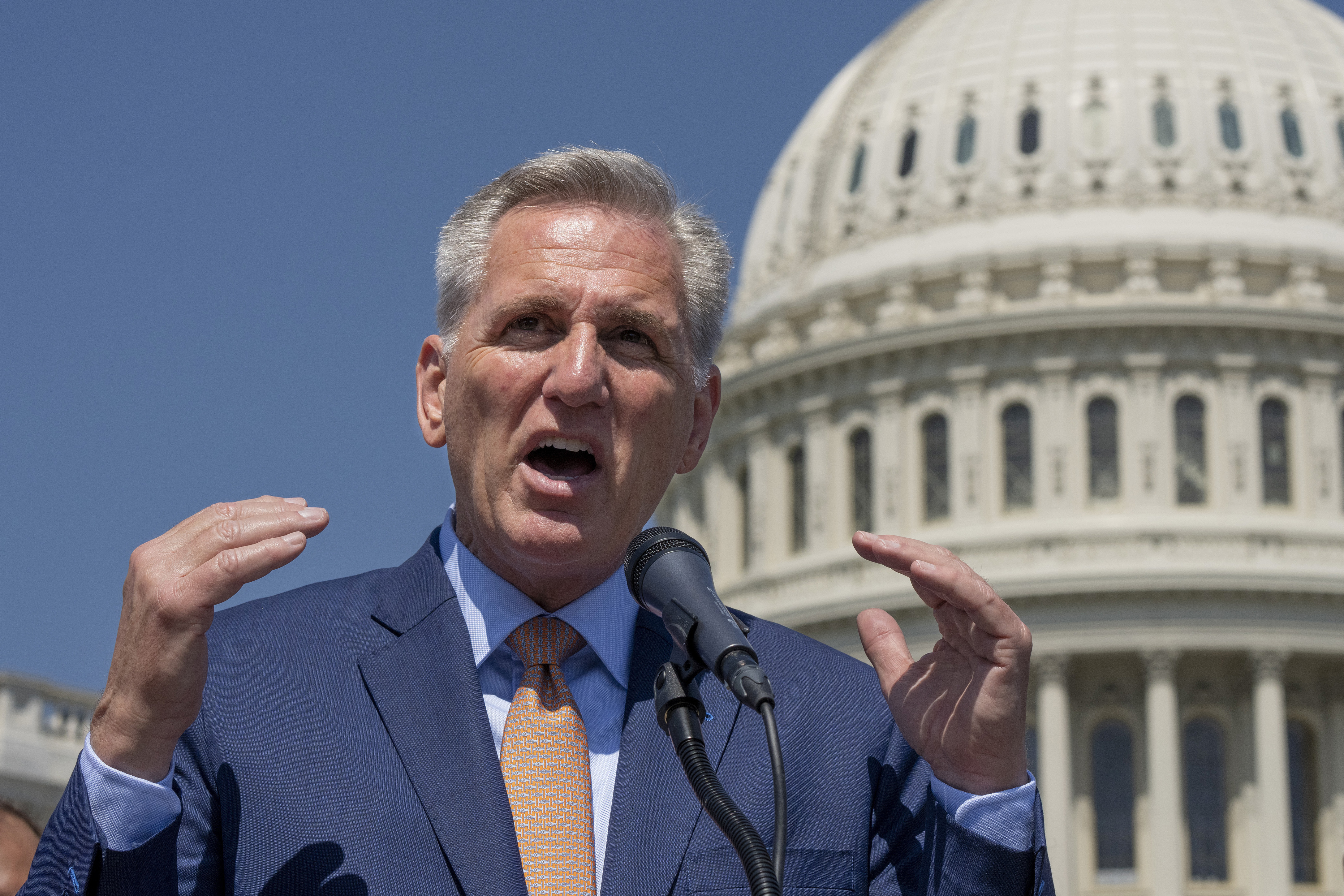 FILE - Speaker of the House Kevin McCarthy, R-Calif., speaks at the Capitol in Washington, Thursday, April 20, 2023. McCarthy is working to round up the Republican votes needed to pass his debt ceiling package. (AP Photo/J. Scott Applewhite, File)