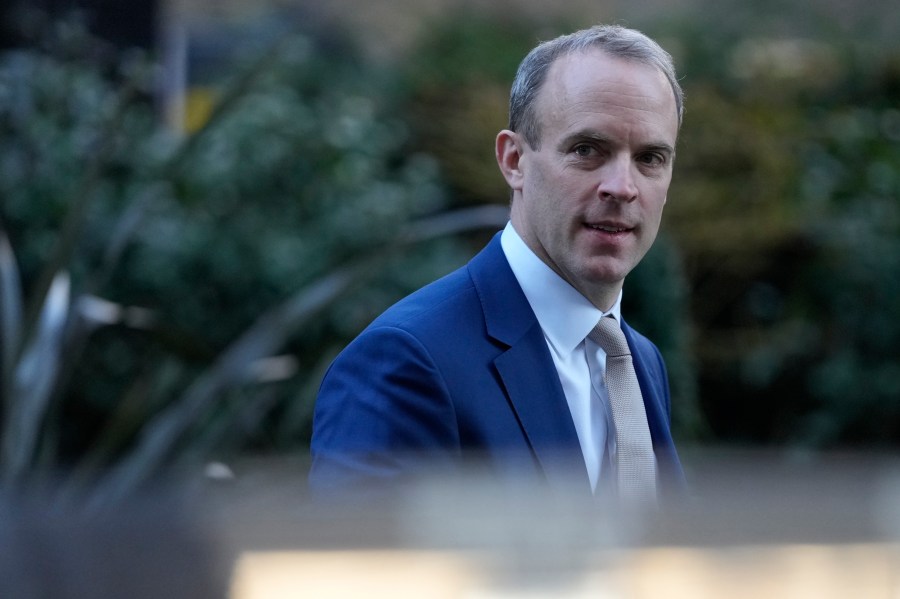 FILE - Britain's Deputy Prime Minister Dominic Raab arrives at 10 Downing Street in London, Tuesday, Jan. 18, 2022. Raab has resigned after an independent investigation into complaints that he bullied civil servants. Raab’s decision Friday, April 21, 2023 came the day after Prime Minister Rishi Sunak received findings into eight formal complaints that Raab, who is also justice secretary, had been abusive toward staff during a previous stint in that office and while serving as foreign secretary and Brexit secretary. (AP Photo/Alastair Grant file)