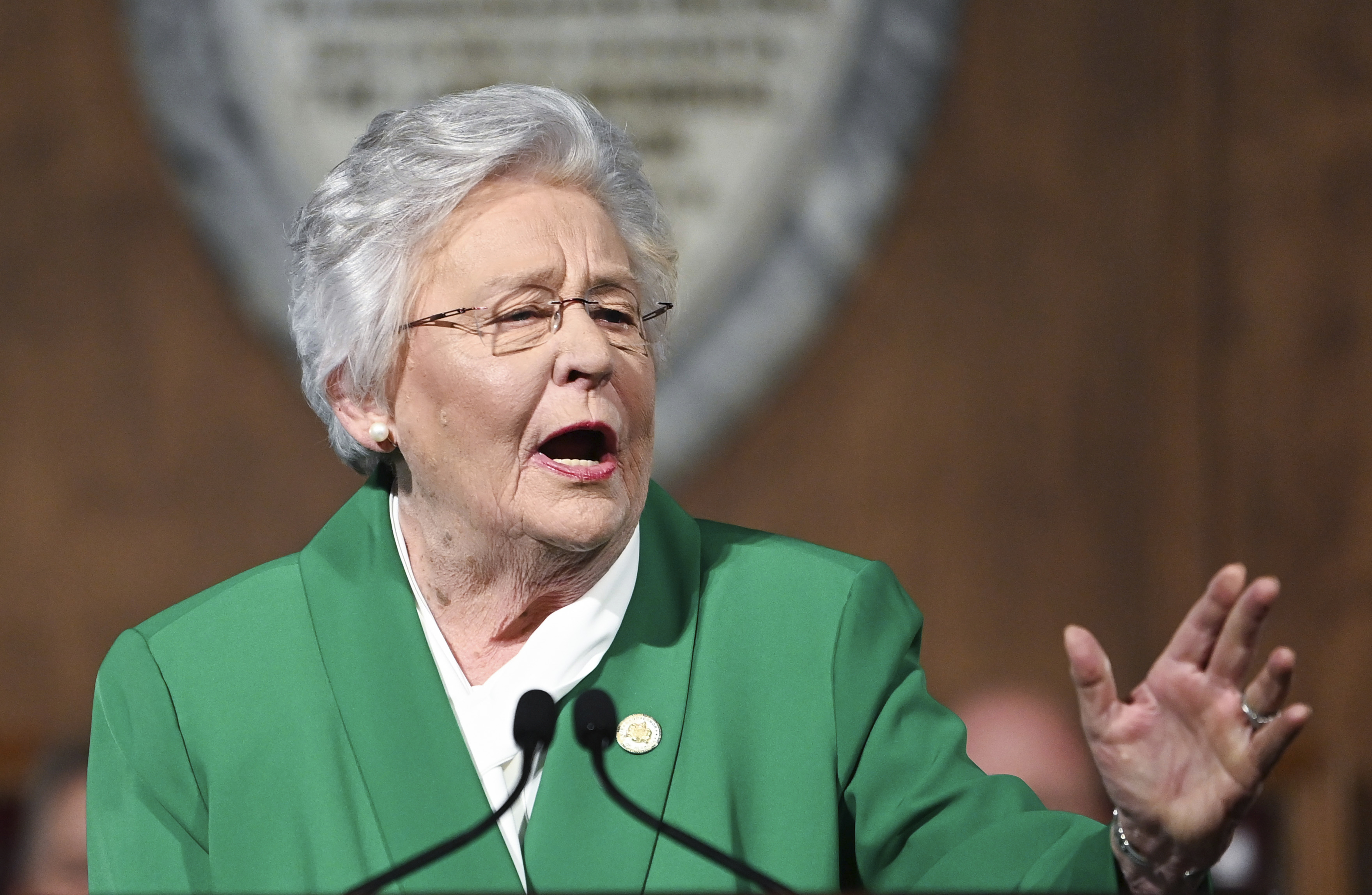 FILE - Alabama Gov. Kay Ivey delivers her State of the State address, Tuesday, March 7, 2023, in Montgomery, Ala. Alabama Gov. Kay Ivey on Friday, April 21, 2023 announced she replaced her director of early childhood education over the use of a teacher training book, written by a nationally recognized education group, that the Republican governor denounced as teaching “woke concepts" because of language about inclusion and structural racism.(AP Photo/Julie Bennett, File)