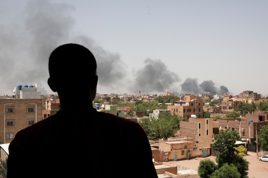 Smoke is seen in Khartoum, Sudan, Saturday, April 22, 2023. The fighting in the capital between the Sudanese Army and Rapid Support Forces resumed after an internationally brokered cease-fire failed. (AP Photo/Marwan Ali)