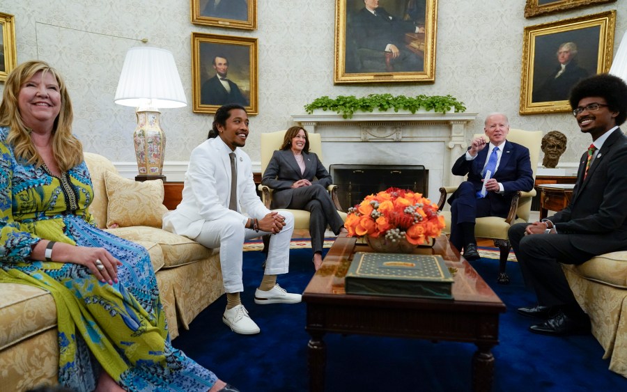 President Joe Biden speaks as he meets with Tennessee state lawmakers State Rep. Gloria Johnson, D-Knoxville, left, State Rep. Justin Jones, D-Nashville, second from left, and State Rep. Justin Pearson, D-Memphis, right, in the Oval Office of the White House, Monday, April 24, 2023, in Washington. Vice President Kamala Harris listens third from left. (AP Photo/Andrew Harnik)