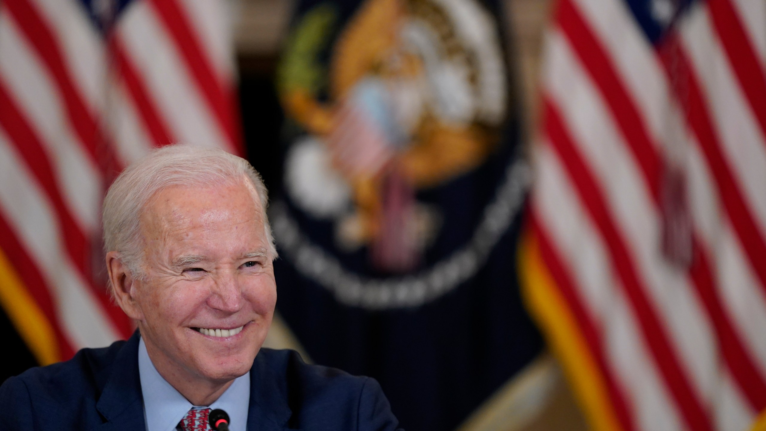 FILE - President Joe Biden listens to a reporter's question during a meeting with the President's Council of Advisors on Science and Technology in the State Dining Room of the White House, Tuesday, April 4, 2023, in Washington. (AP Photo/Patrick Semansky, File)