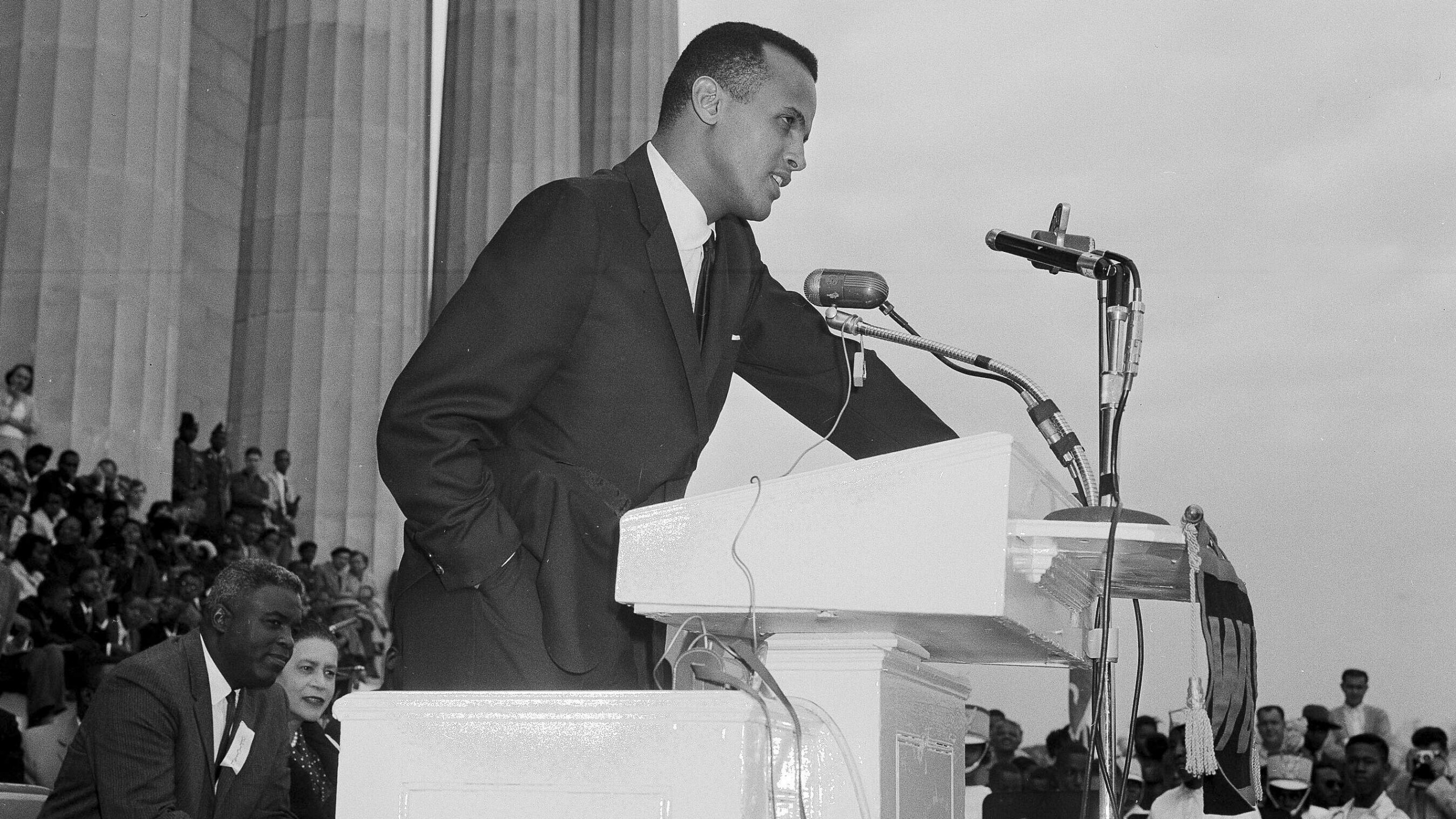 FILE - Entertainer and activist Harry Belafonte speaks to a crowd at the Lincoln Memorial in Washington during a youth march for integration, Oct. 25, 1958. Belafonte died Tuesday of congestive heart failure at his New York home. He was 96. (AP Photo/Charles Gorry, File)