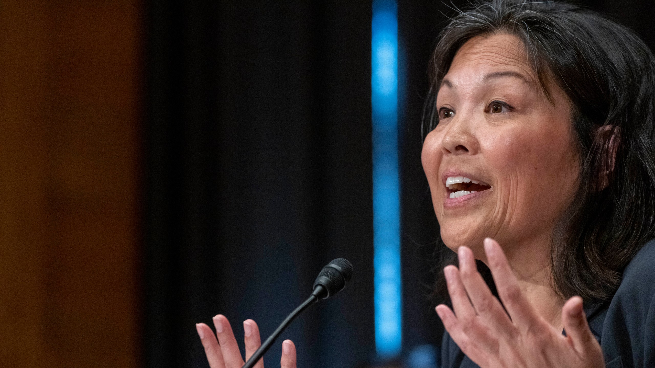 Julie Su speaks during a Senate Health, Education, Labor and Pensions confirmation hearing for her to be the Labor Secretary, on Capitol Hill, Thursday, April 20, 2023, in Washington. (AP Photo/Alex Brandon)