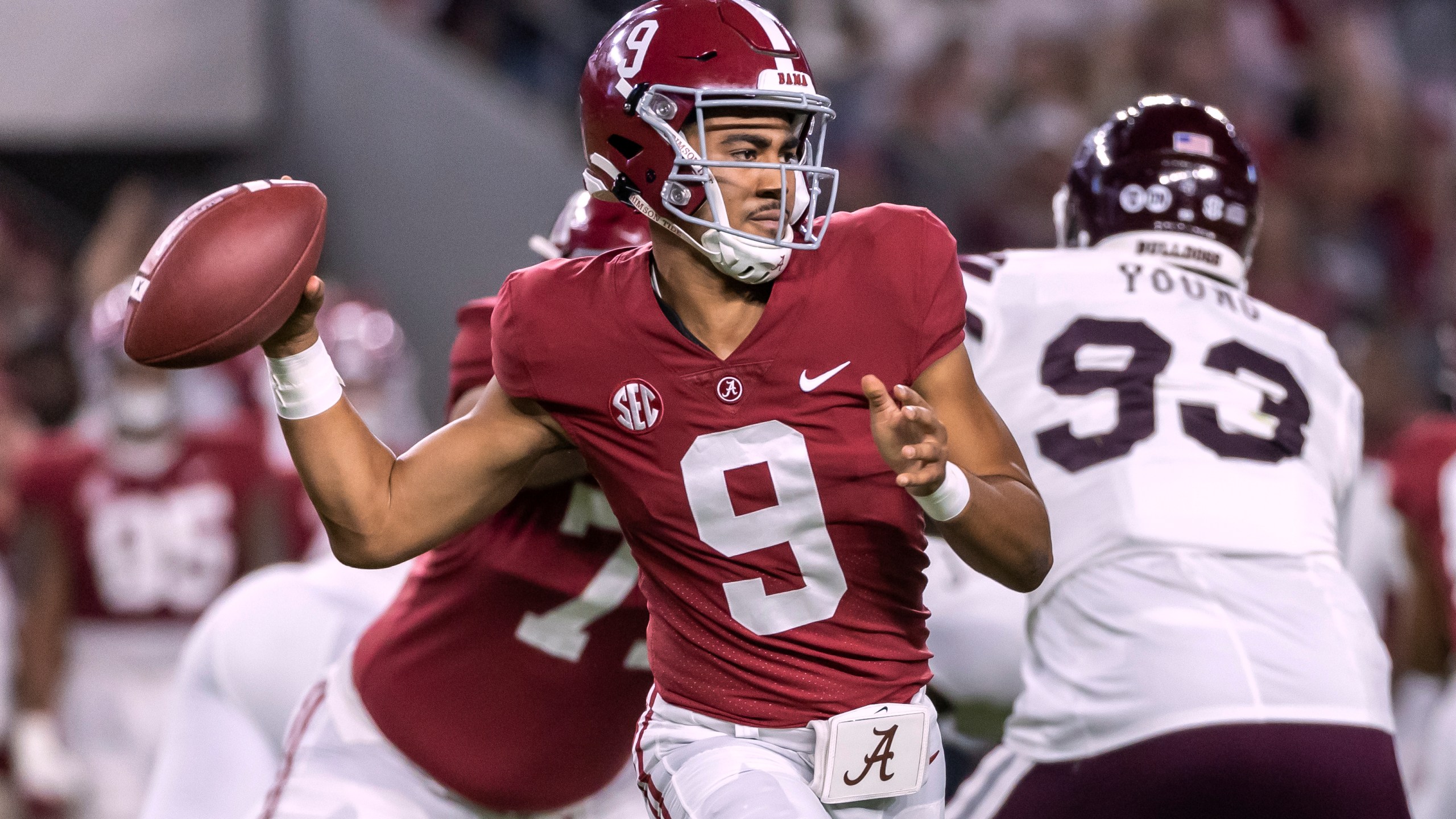 FILE - Alabama quarterback Bryce Young (9) throws the ball during the first half of the team's NCAA college football game against Mississippi State, Saturday, Oct. 22, 2022, in Tuscaloosa, Ala. Bryce Young, C.J. Stroud, Anthony Richardson and Will Levis are projected to go anywhere from the top 5 to top 15 picks in this draft.(AP Photo/Vasha Hunt, File)