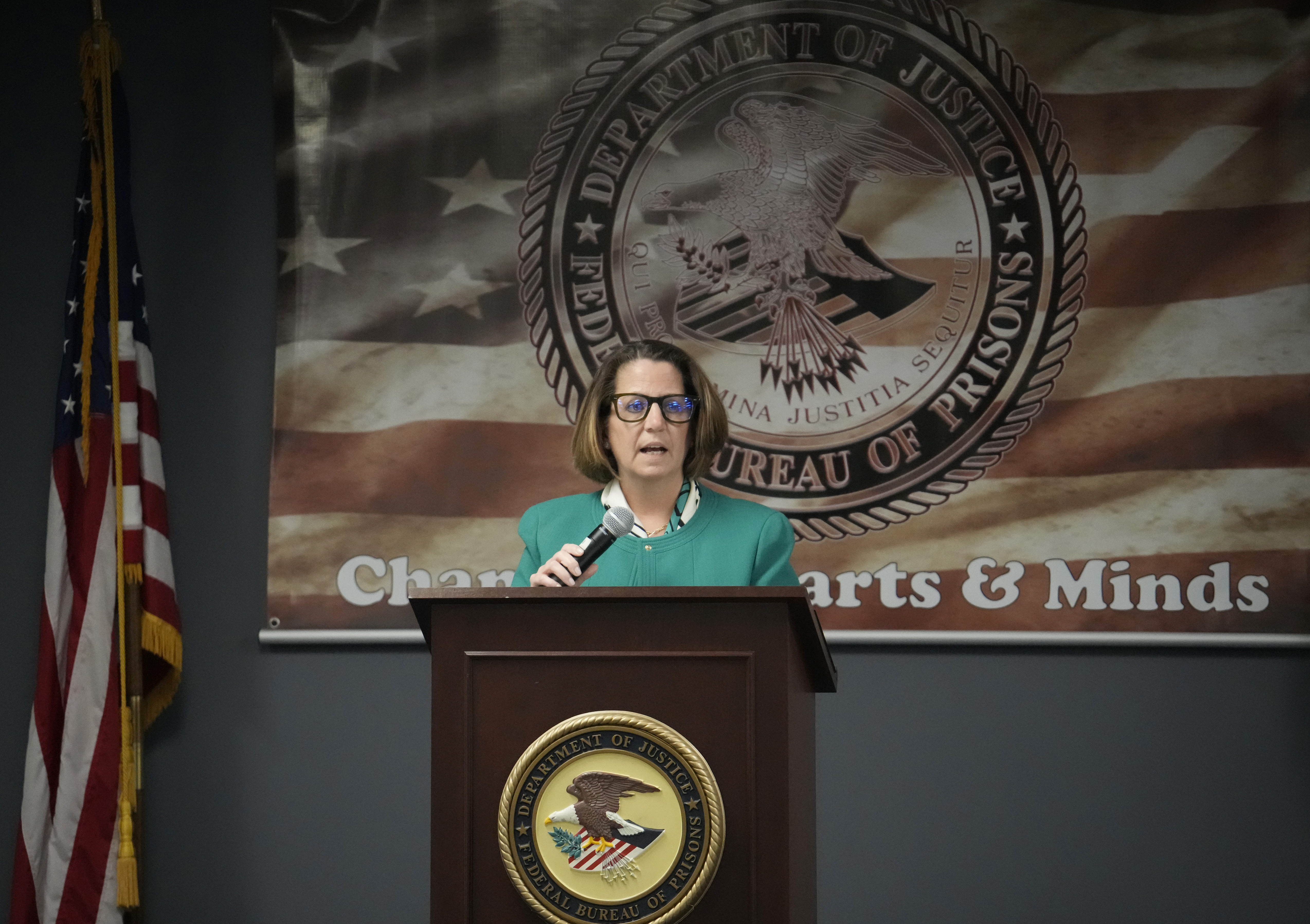 Deputy Attorney General Lisa Monaco speaks during a Federal Bureau of Prisons meeting Tuesday, April 25, 2023, in Aurora, Colo. Sexual abuse in the nation’s federal prisons must be rooted out, the Justice Department's second-highest-ranking leader told prison wardens gathered for their first nationwide training since revelations that a toxic, permissive culture at a California prison allowed abuse to run rampant. (AP Photo/David Zalubowski)