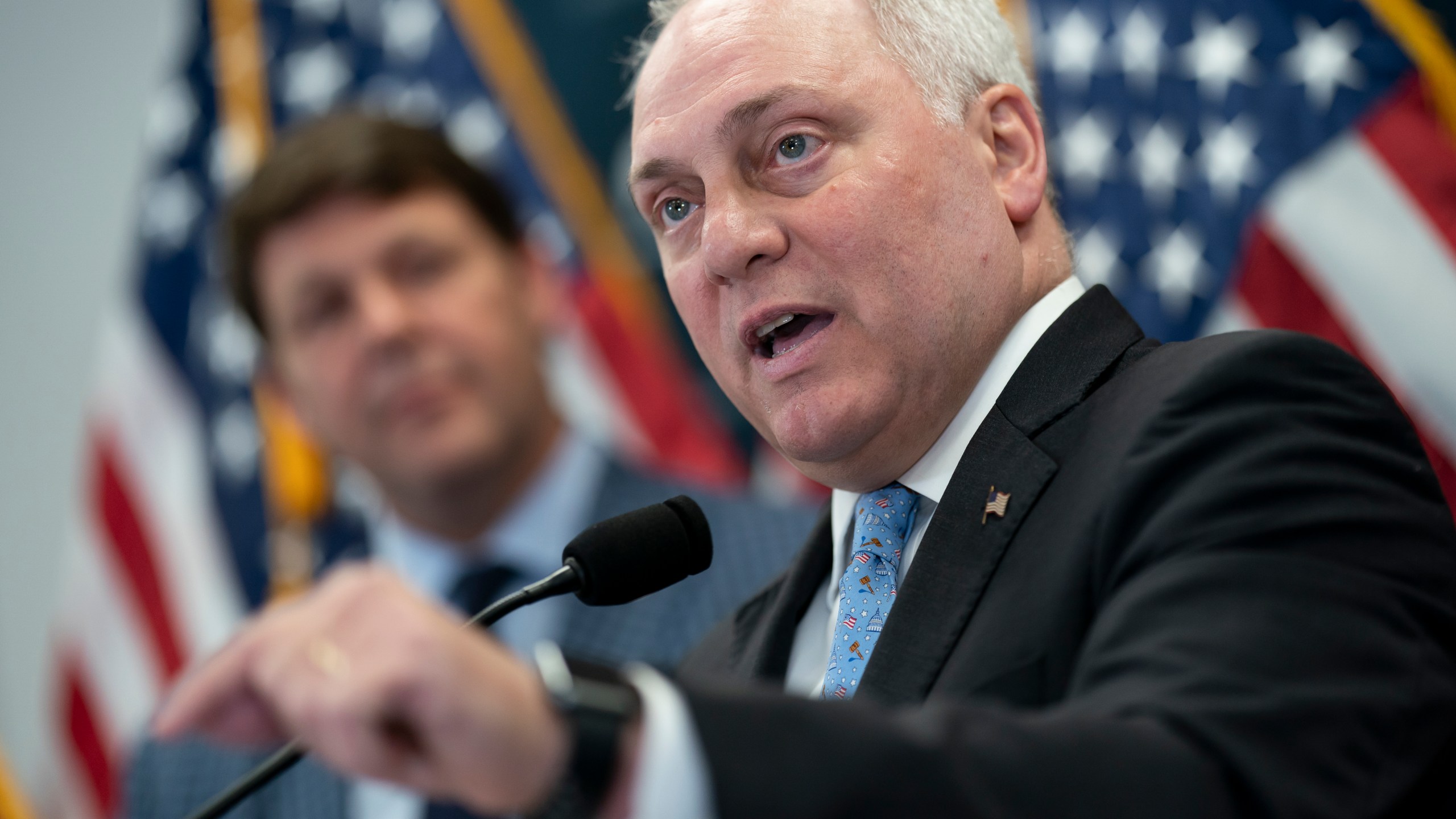 House Majority Leader Steve Scalise, R-La., speaks to reporters following a closed-door meeting with fellow Republicans as Speaker of the House Kevin McCarthy, R-Calif., struggles to round up the votes for his sweeping debt ceiling package, at the Capitol in Washington, Wednesday, April 26, 2023. (AP Photo/J. Scott Applewhite)