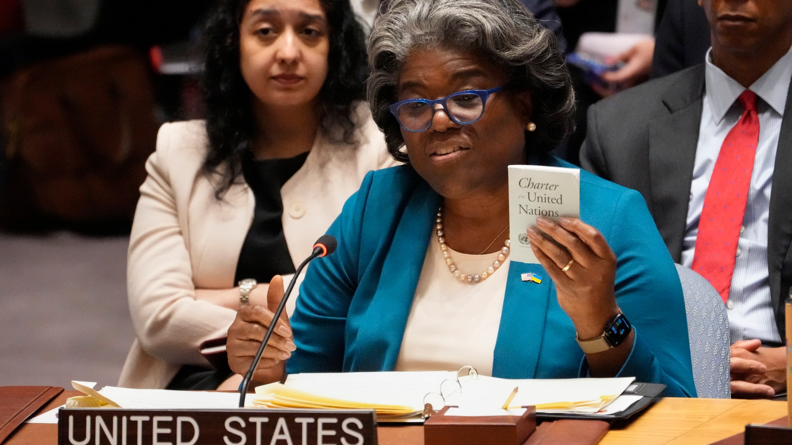 Linda Thomas-Greenfield, United States Ambassador to the United Nations, holds a copy of the United Nations charter as she speaks during a meeting of the U.N. Security Council, Monday, April 24, 2023, at United Nations headquarters. (AP Photo/John Minchillo)