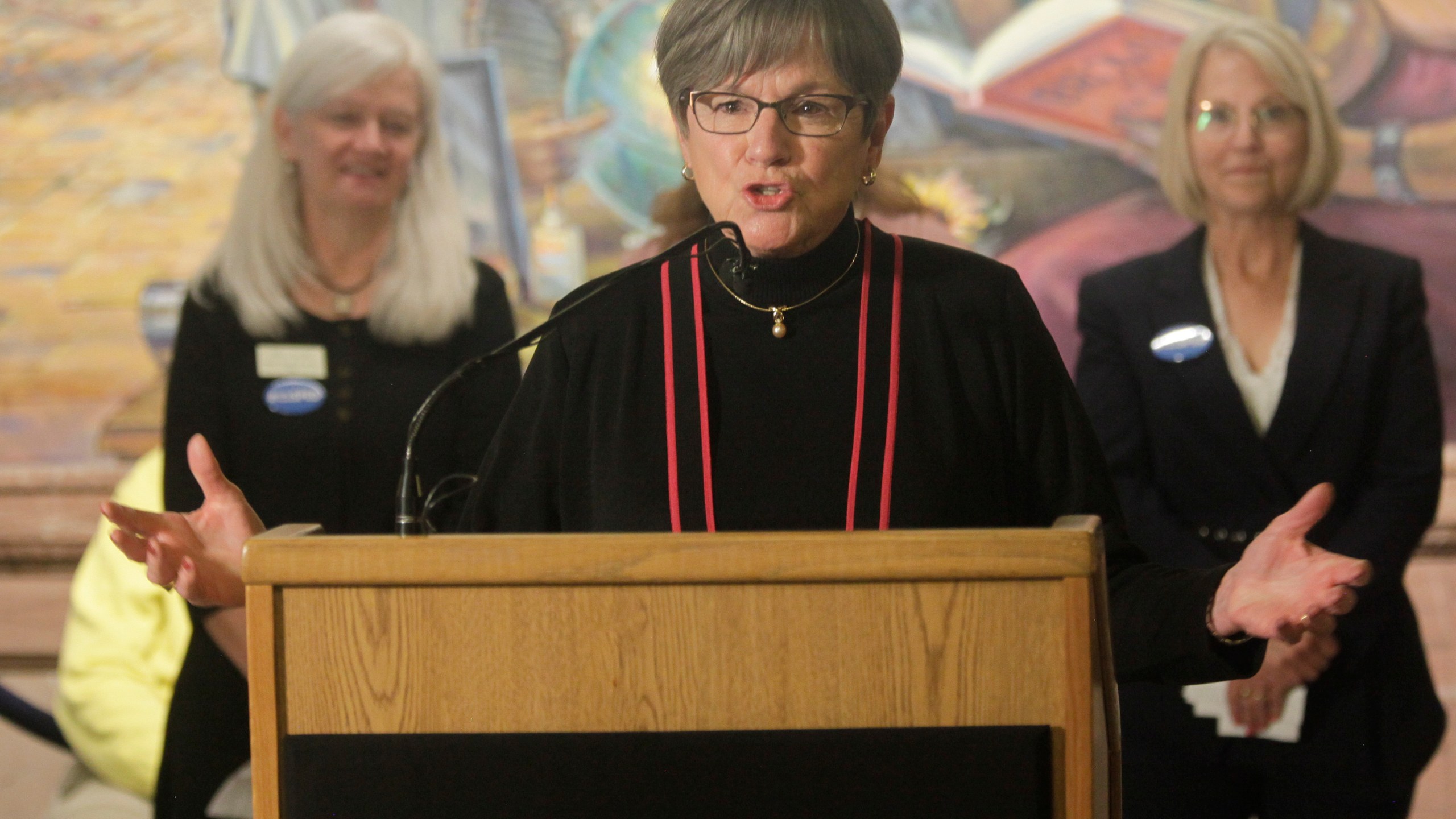 Kansas Gov. Laura Kelly speaks during an event at the Kansas Statehouse, Tuesday, April 25, 2023, in Topeka, Kansas. The Democratic governor vetoed a bill that would allow providers to be prosecuted criminally over allegations about their care of newborns delivered during certain abortion procedures but the Republican-controlled Legislature overrode her action. (AP Photo/John Hanna)