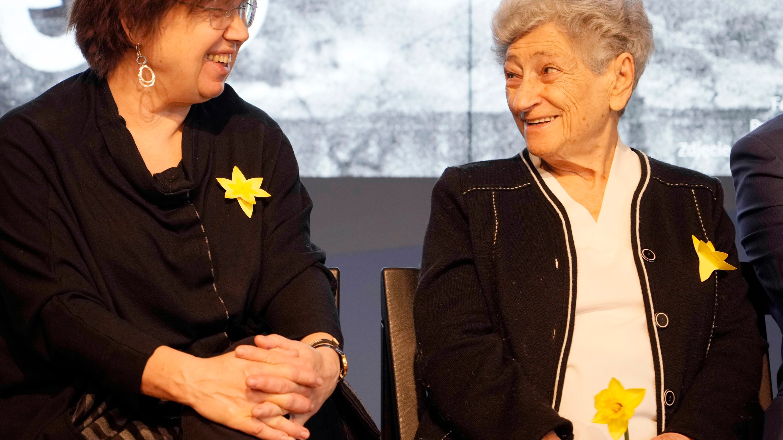 Polish researcher Barbara Engelking, left, attends a news conference alongside Holocaust survivor Krystyna Budnicka about an exhibition in the Warsaw ghetto at the POLIN Museum of the History of Polish Jews in Warsaw, Poland, on April 13, 2023. Scholars and historical institutions from around the world are coming to the defense of a Polish researcher. The scholar, Barbara Engelking, is under fire from her country’s authorities after claiming that Poles could have done more to help Jews during the Holocaust. (AP Photo/Czarek Sokolowski)