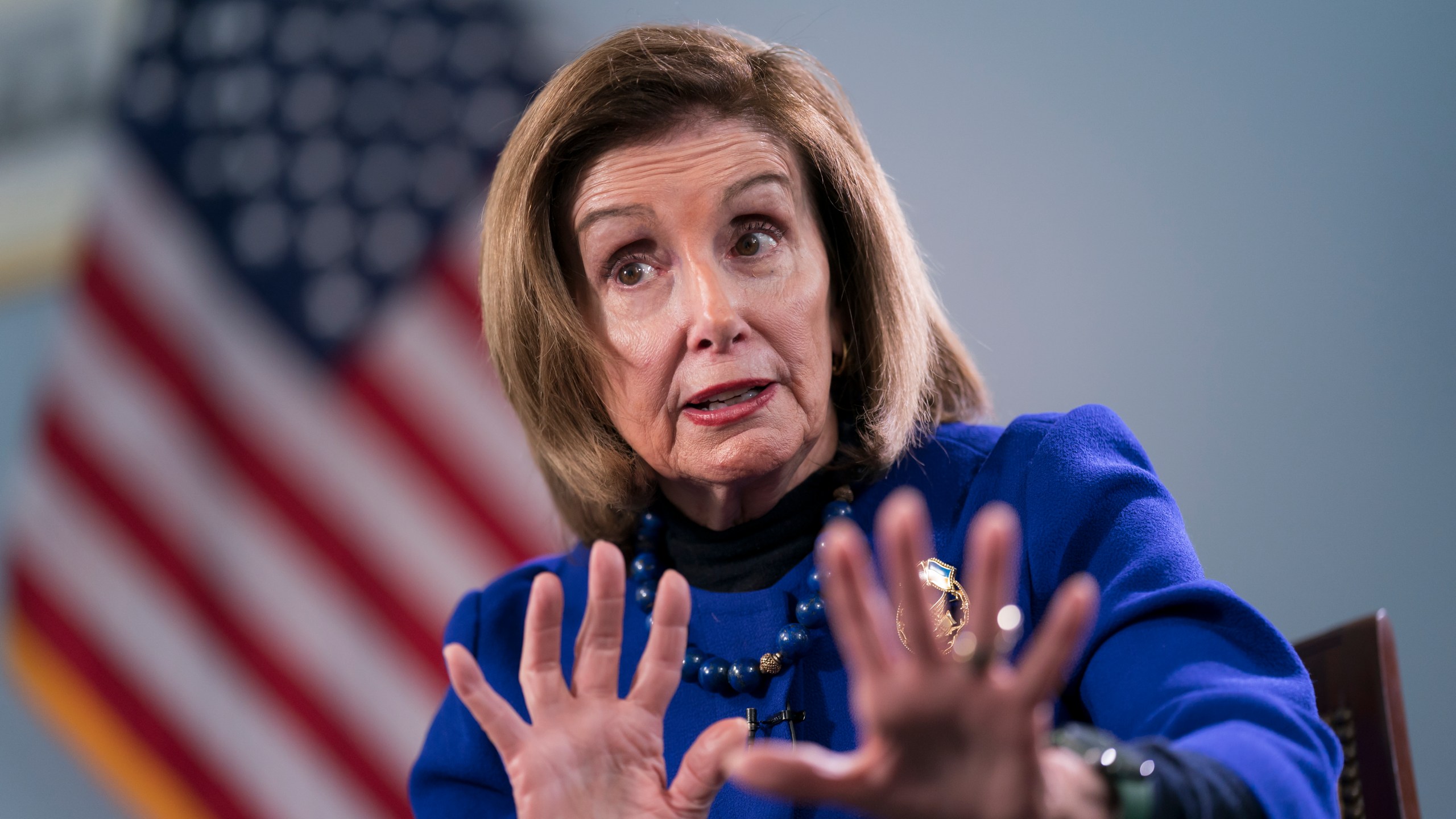 Former House Speaker Nancy Pelosi, D-Calif., talks to The Associated Press about her visit to Ukraine a year ago and her time as the Democratic leader in the House, at the Capitol in Washington, Wednesday, April 19, 2023. (AP Photo/J. Scott Applewhite)