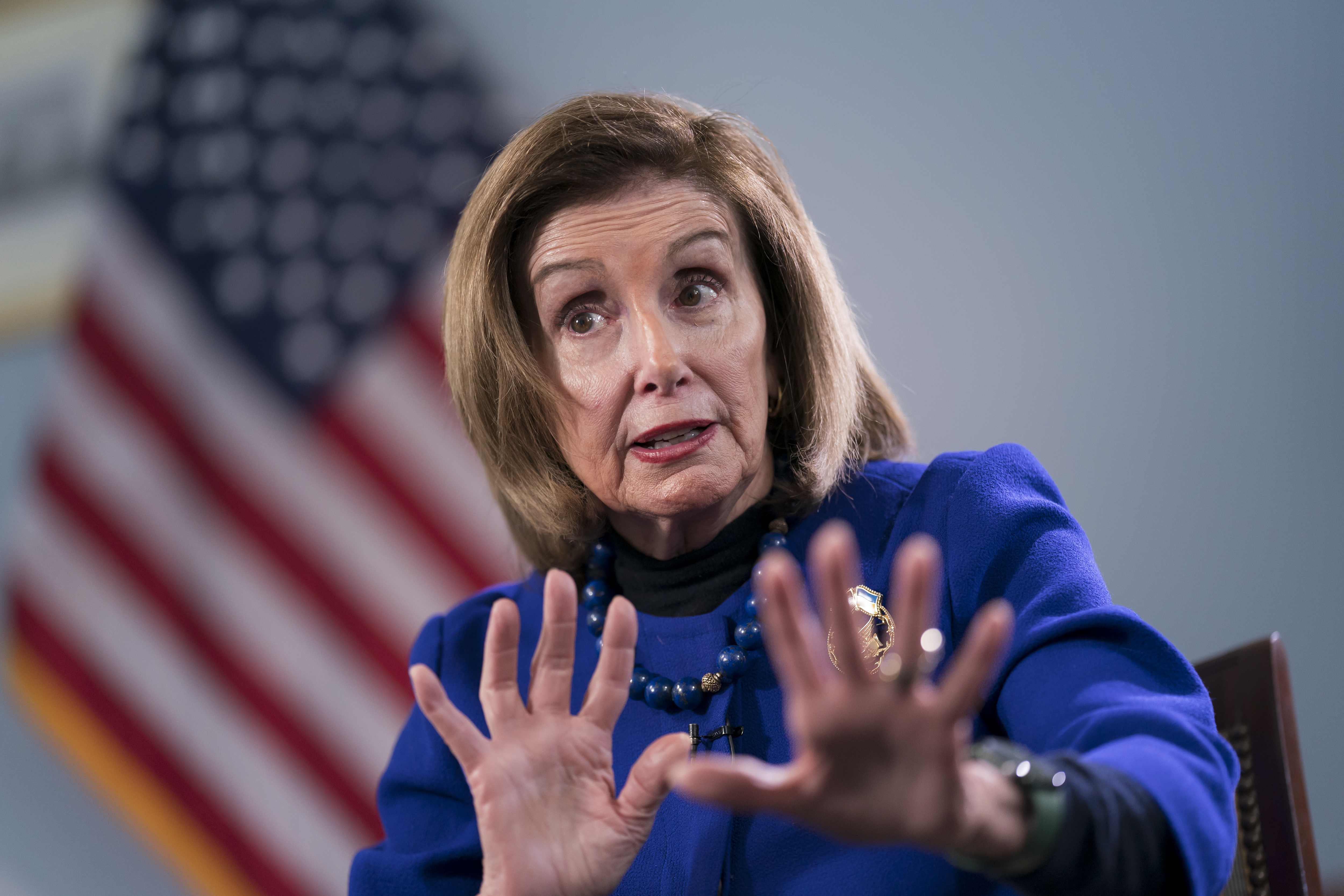 Former House Speaker Nancy Pelosi, D-Calif., talks to The Associated Press about her visit to Ukraine a year ago and her time as the Democratic leader in the House, at the Capitol in Washington, Wednesday, April 19, 2023. (AP Photo/J. Scott Applewhite)